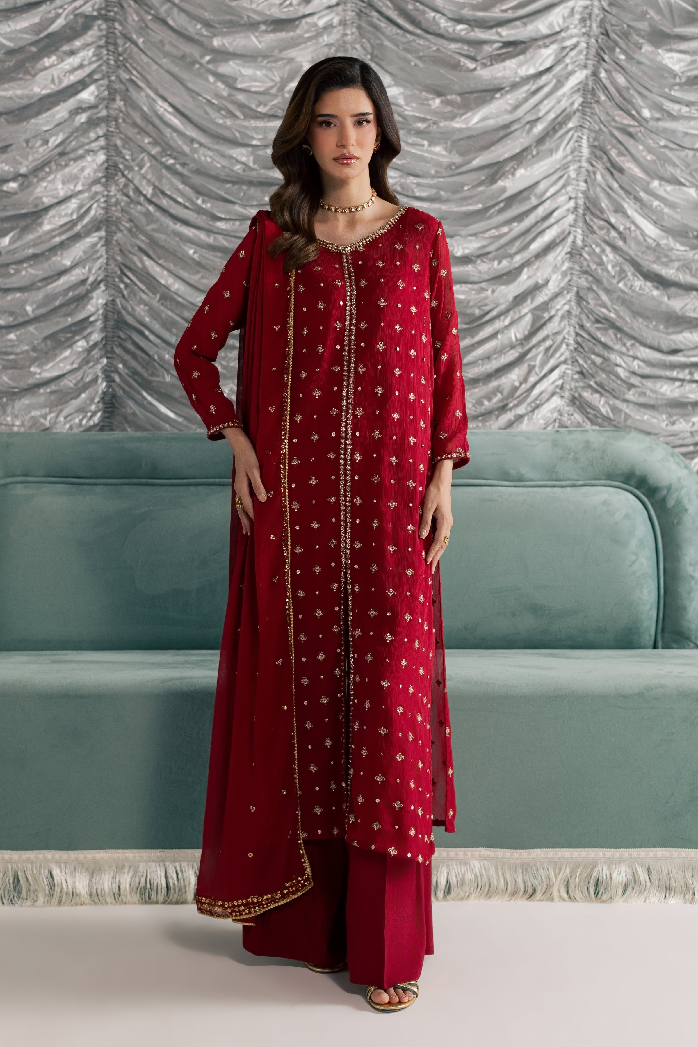 Nehan 3Pc - Festive Luxe Pret STUDIOLUXEAUG26  BATIK   S / Red / Crinkle