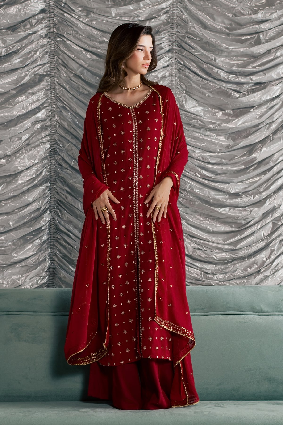 Nehan 3Pc - Festive Luxe Pret STUDIOLUXEAUG26  BATIK   S / Red / Crinkle