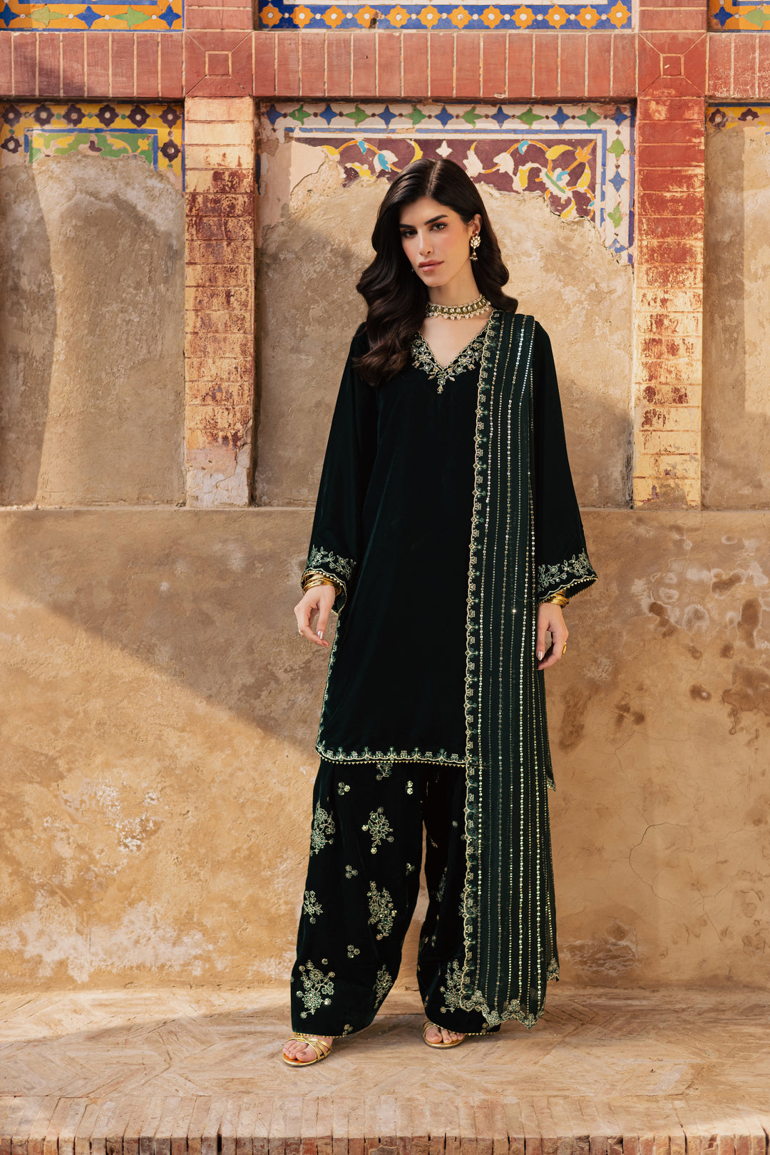  Noble Green 3Pc - Festive Velvet Pret BATIKLuxePRET  BATIK   XS / Bottle Green / Velvet-S / Bottle Green / Velvet-M / Bottle Green / Velvet-L / Bottle Green / Velvet-XL / Bottle Green / Velvet