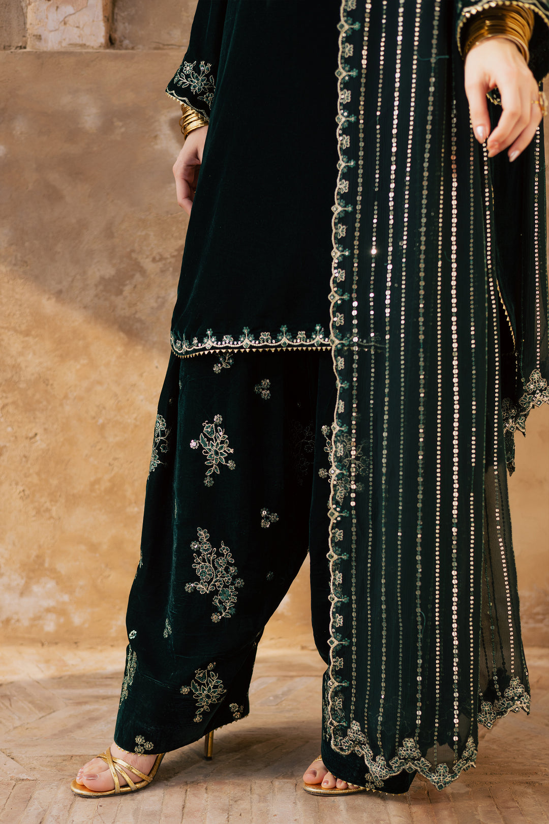  Noble Green 3Pc - Festive Velvet Pret BATIKLuxePRET  BATIK   XS / Bottle Green / Velvet-S / Bottle Green / Velvet-M / Bottle Green / Velvet-L / Bottle Green / Velvet-XL / Bottle Green / Velvet