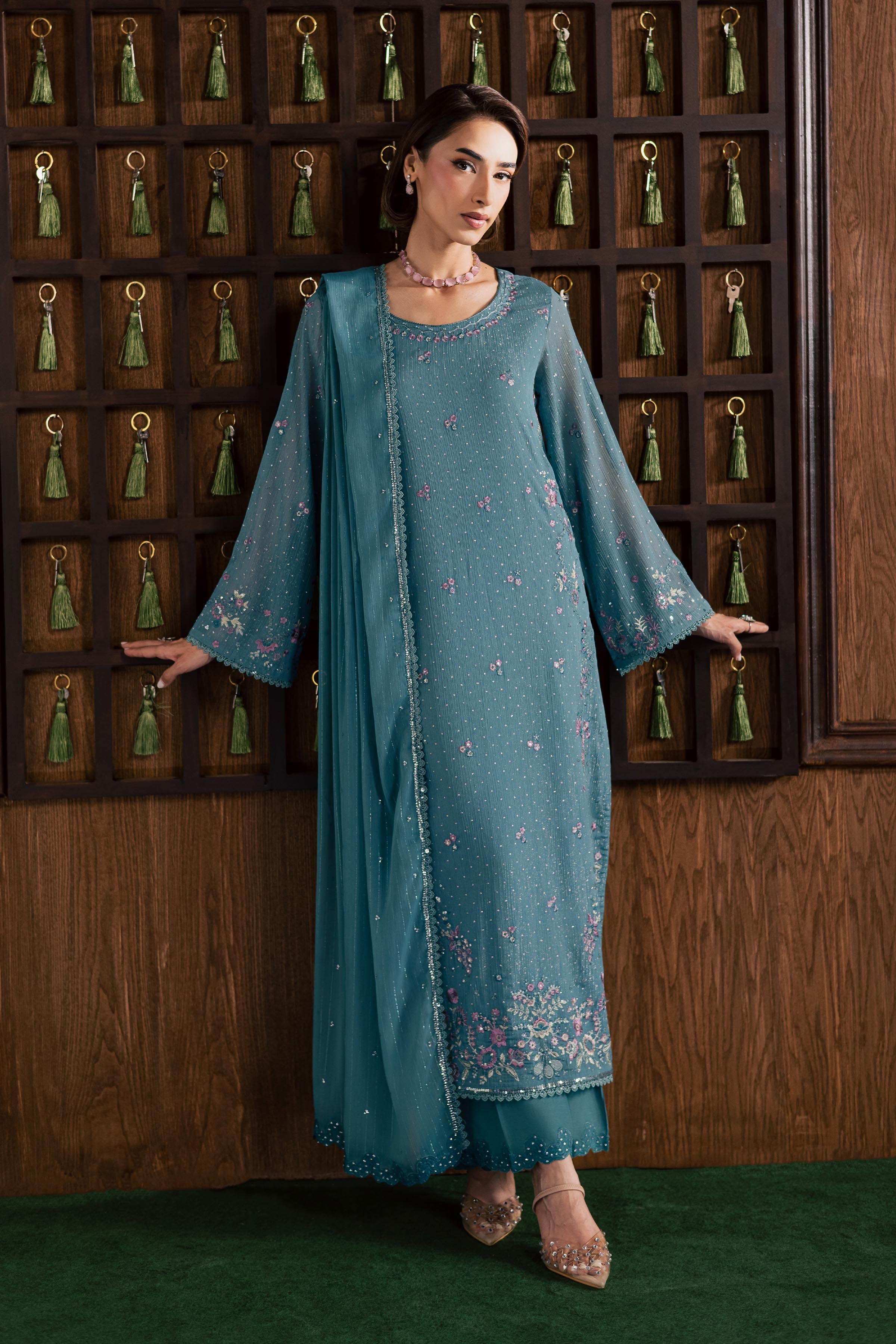  Noore 3Pc - Festive Luxury Formal BATIKSS26  BATIK   S / Aqua / Zari Crinkle-M / Aqua / Zari Crinkle-L / Aqua / Zari Crinkle