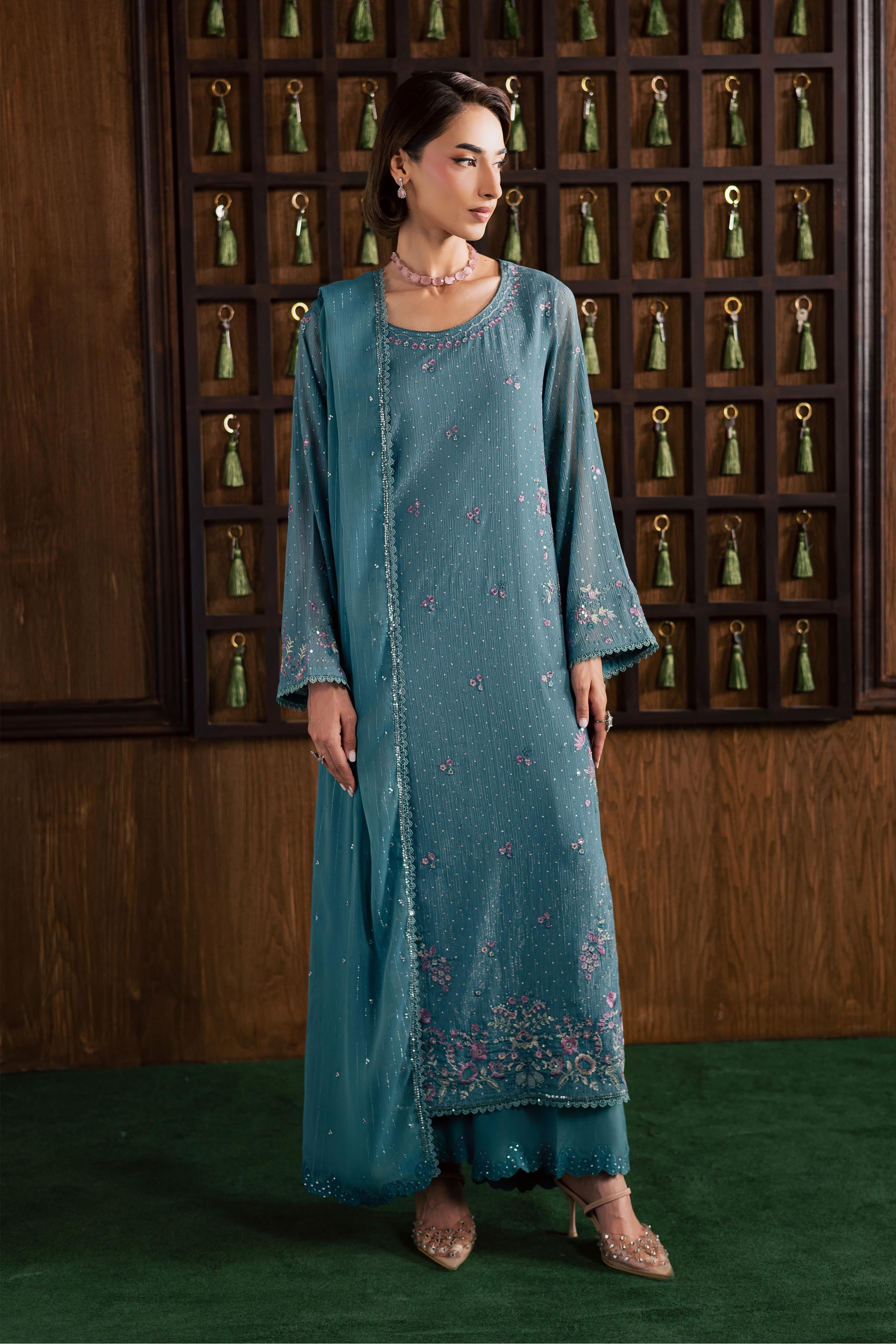  Noore 3Pc - Festive Luxury Formal BATIKSS26  BATIK   S / Aqua / Zari Crinkle-M / Aqua / Zari Crinkle-L / Aqua / Zari Crinkle