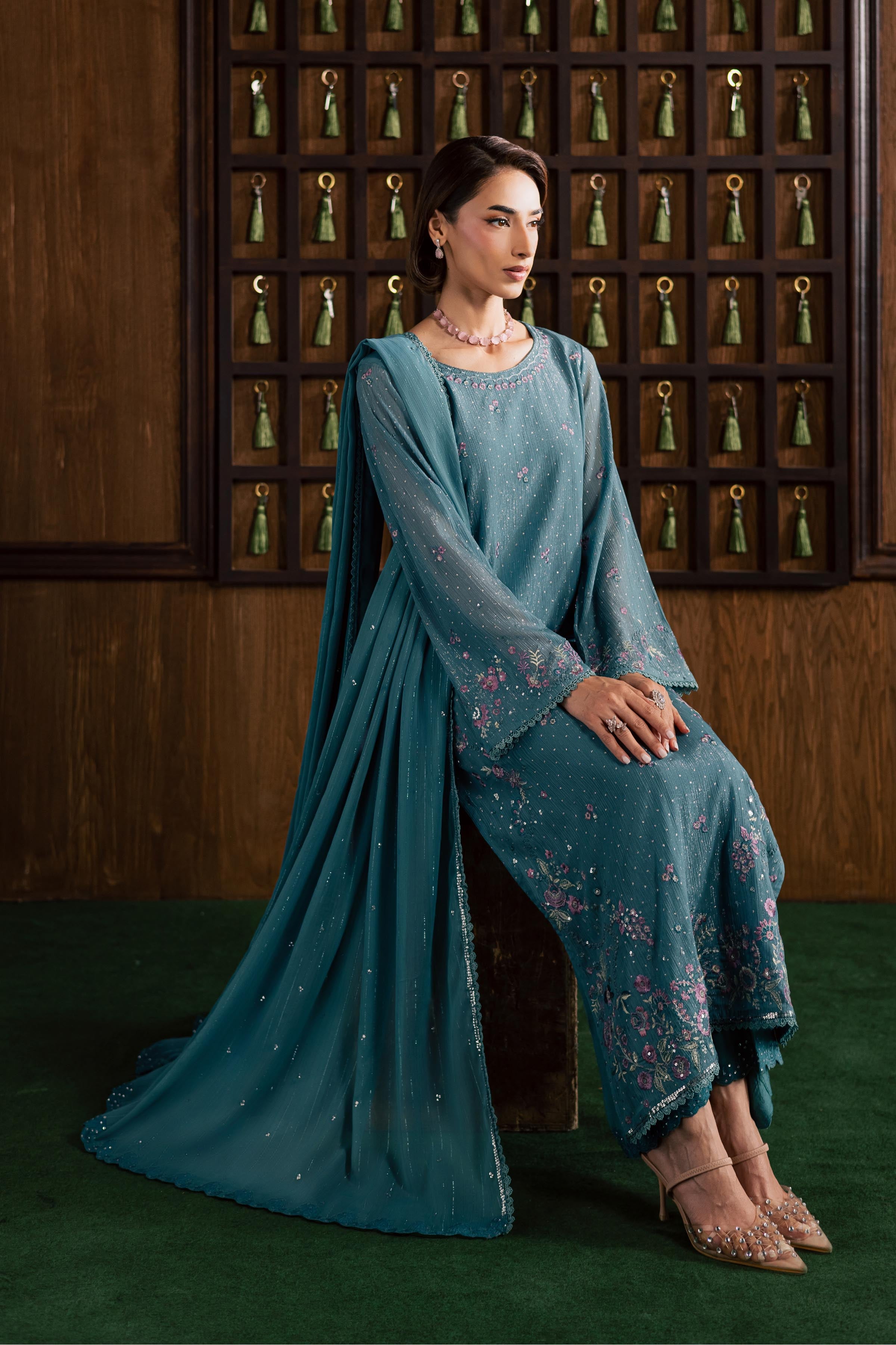  Noore 3Pc - Festive Luxury Formal BATIKSS26  BATIK   S / Aqua / Zari Crinkle-M / Aqua / Zari Crinkle-L / Aqua / Zari Crinkle