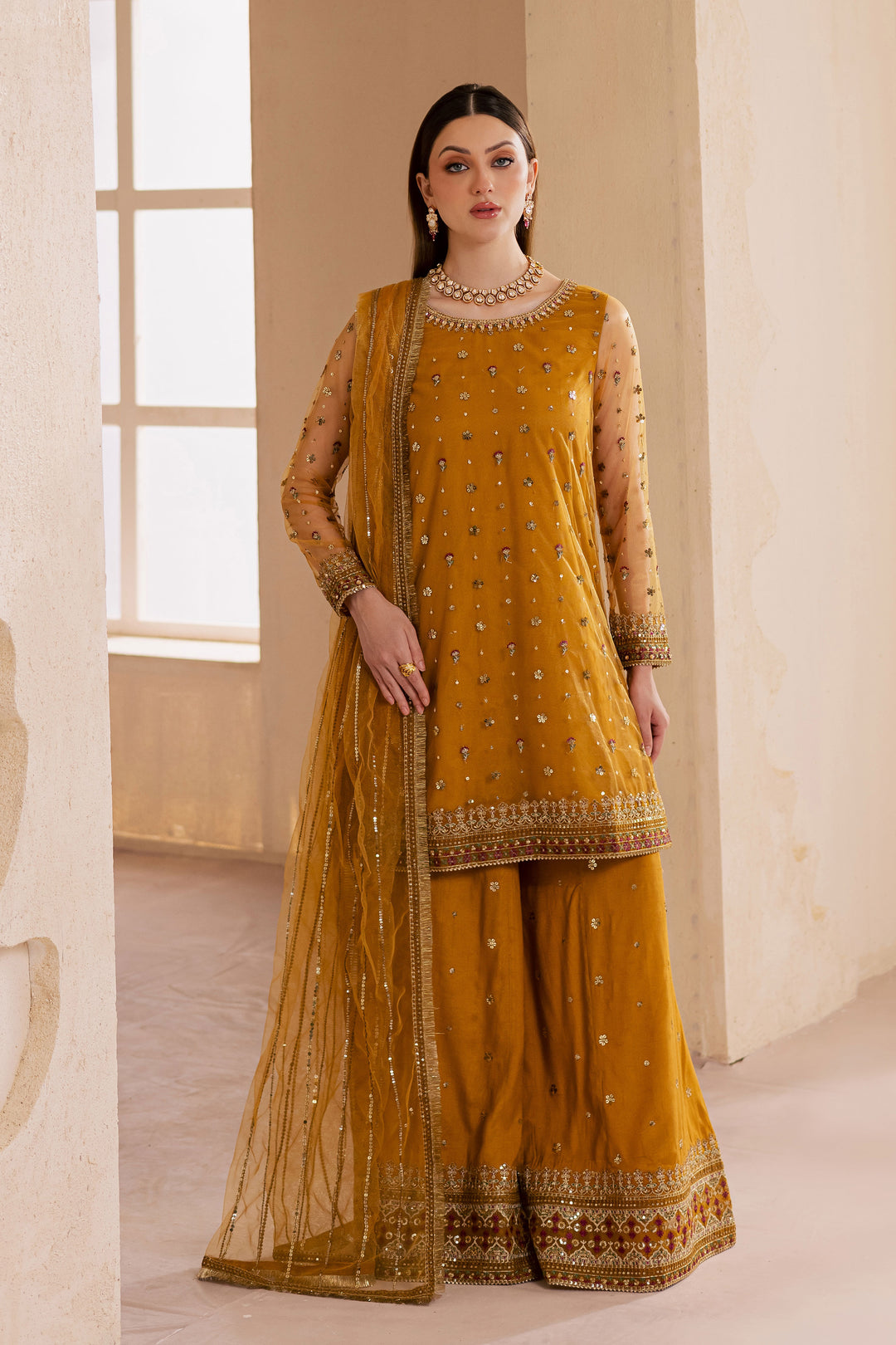  Noura 3Pc - Embroidered Luxe Pret BATIKLuxePRET2025  BATIK   S / Mustard / Net & Raw Silk-M / Mustard / Net & Raw Silk-L / Mustard / Net & Raw Silk