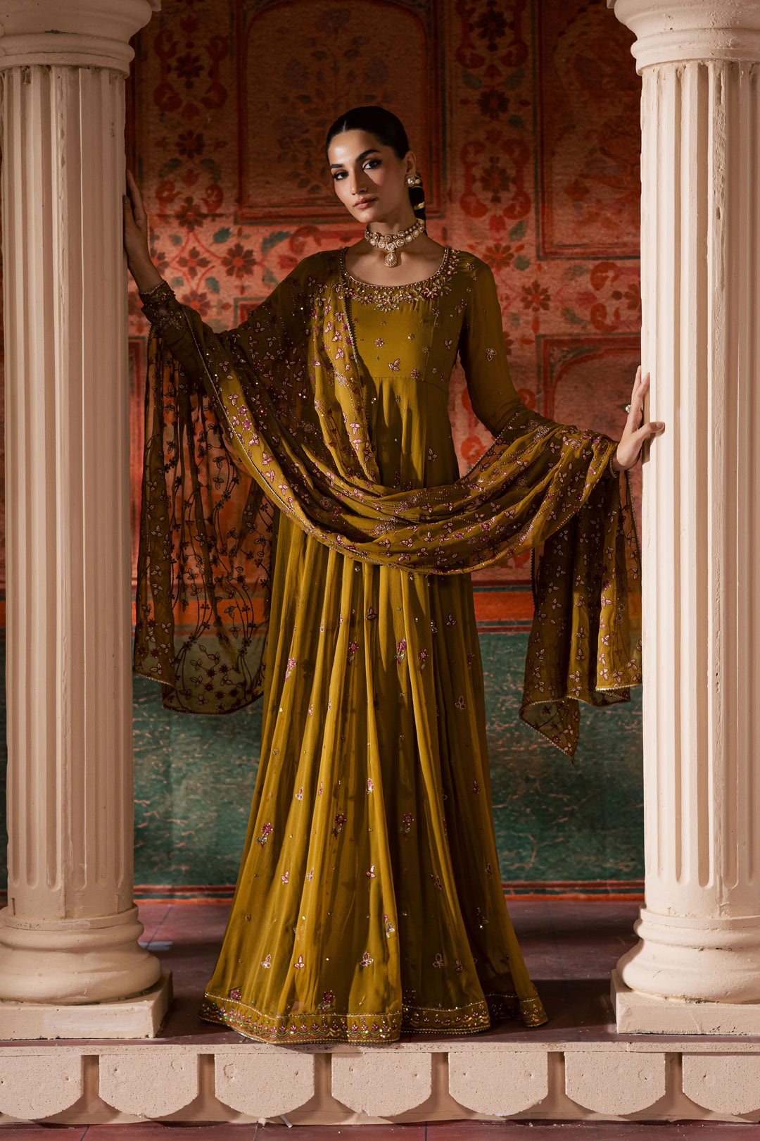  Ochre Elegance 3Pc - Chiffon Wedding Frock BATIKLuxePRET2025  BATIK   S / Mustard / Chiffon & Raw Silk-M / Mustard / Chiffon & Raw Silk-L / Mustard / Chiffon & Raw Silk