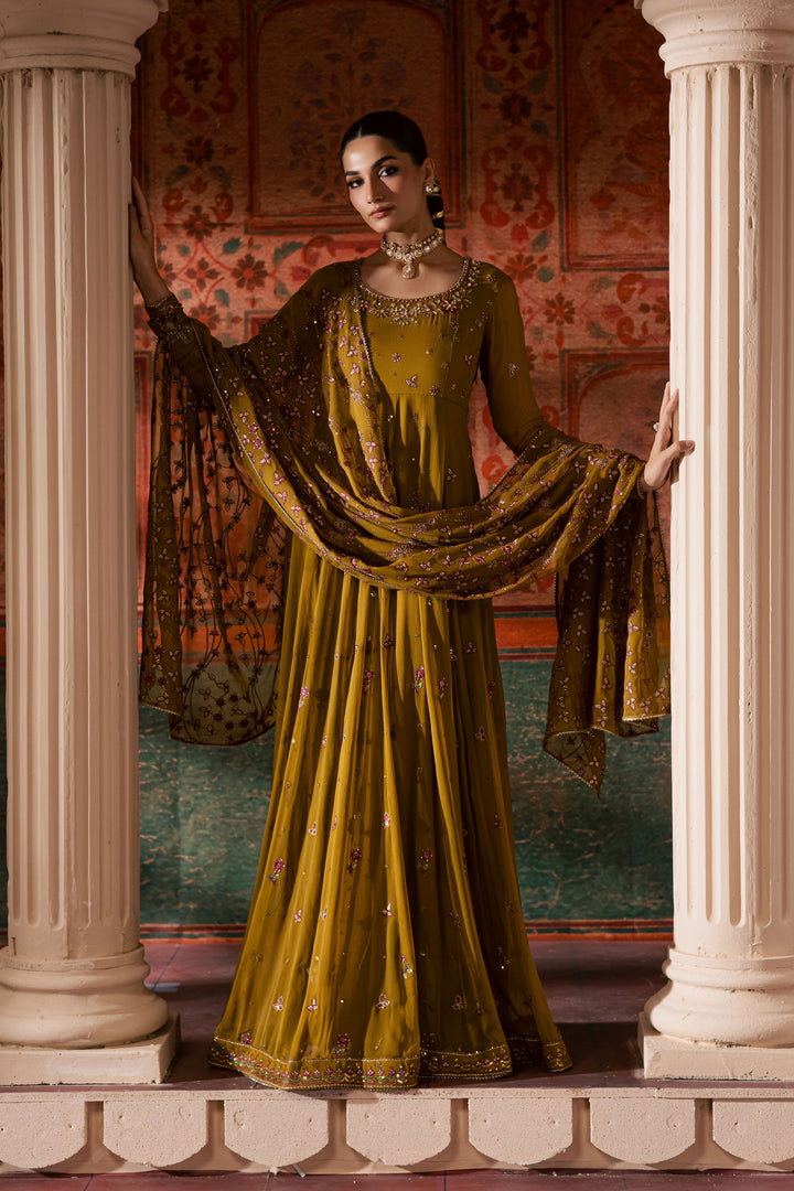  Ochre Elegance 3Pc - Chiffon Wedding Frock BATIKLuxePRET2025  BATIK   S / Mustard / Chiffon & Raw Silk-M / Mustard / Chiffon & Raw Silk-L / Mustard / Chiffon & Raw Silk