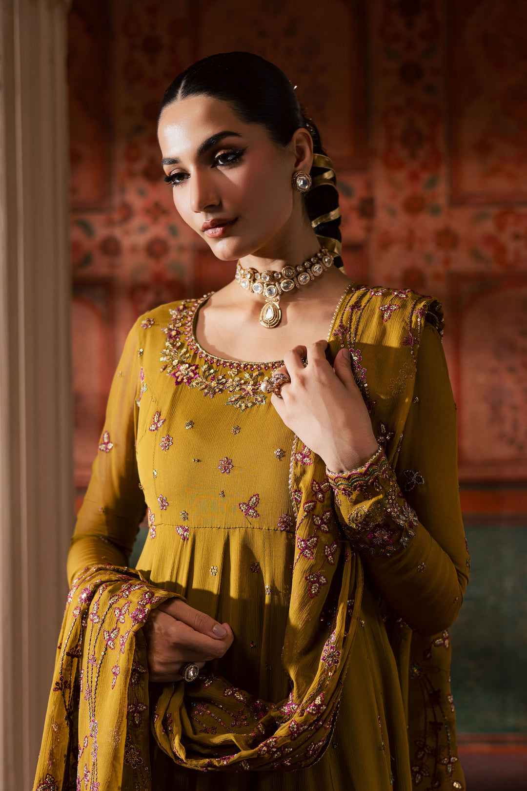  Ochre Elegance 3Pc - Chiffon Wedding Frock BATIKLuxePRET2025  BATIK   S / Mustard / Chiffon & Raw Silk-M / Mustard / Chiffon & Raw Silk-L / Mustard / Chiffon & Raw Silk