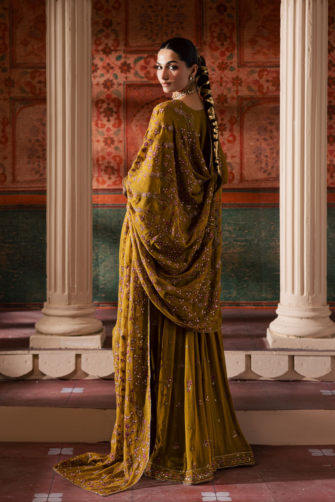  Ochre Elegance 3Pc - Chiffon Wedding Frock BATIKLuxePRET2025  BATIK   S / Mustard / Chiffon & Raw Silk-M / Mustard / Chiffon & Raw Silk-L / Mustard / Chiffon & Raw Silk