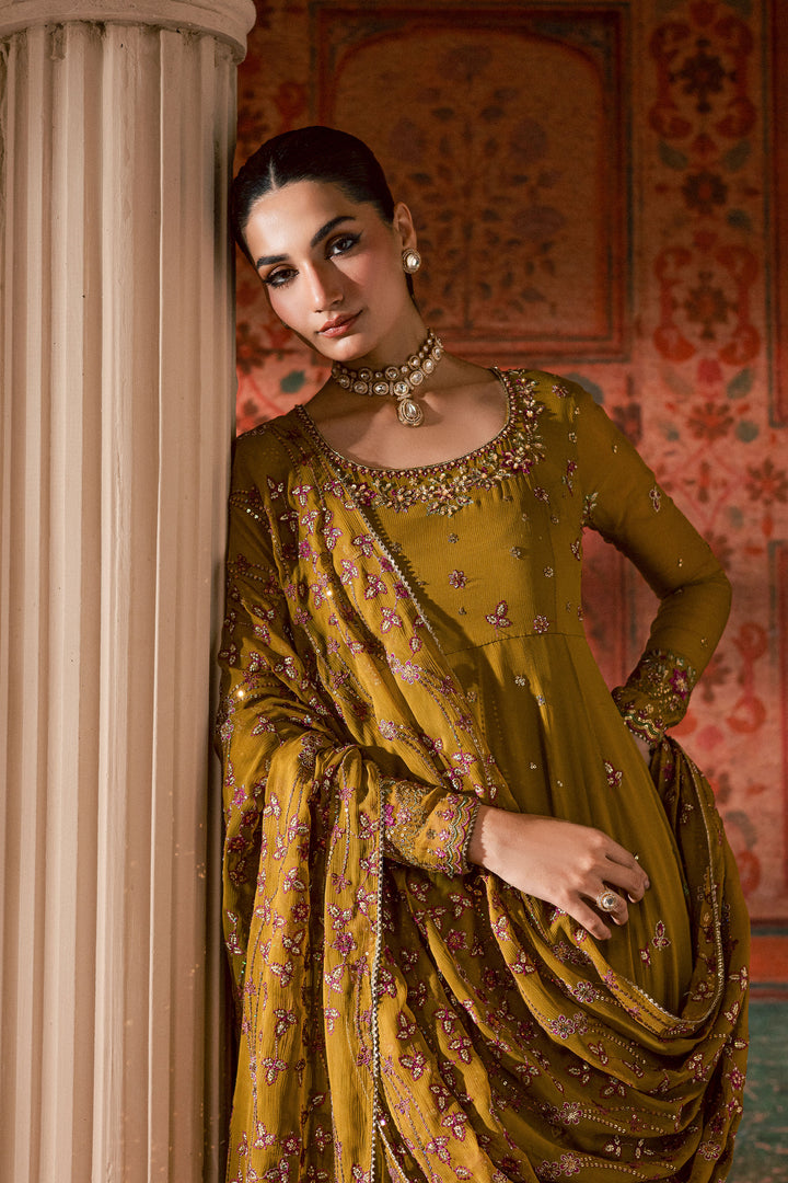  Ochre Elegance 3Pc - Chiffon Wedding Frock BATIKLuxePRET2025  BATIK   S / Mustard / Chiffon & Raw Silk-M / Mustard / Chiffon & Raw Silk-L / Mustard / Chiffon & Raw Silk