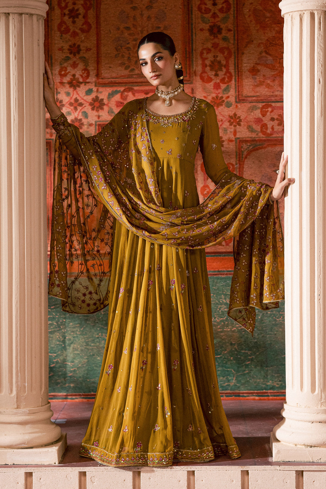  Ochre Elegance 3Pc - Chiffon Wedding Frock BATIKLuxePRET2025  BATIK   S / Mustard / Chiffon & Raw Silk-M / Mustard / Chiffon & Raw Silk-L / Mustard / Chiffon & Raw Silk