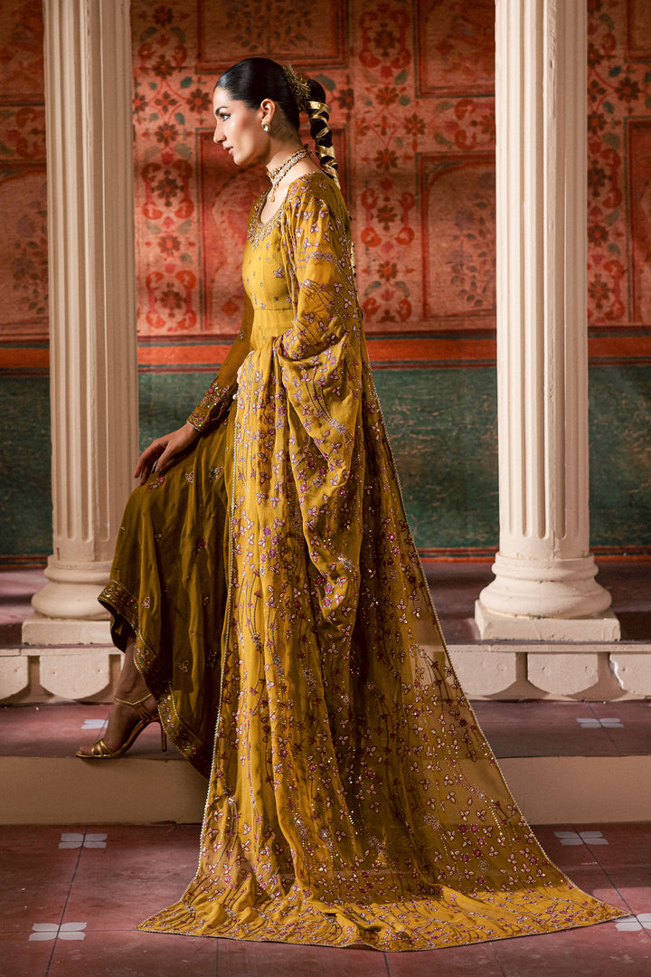  Ochre Elegance 3Pc - Chiffon Wedding Frock BATIKLuxePRET2025  BATIK   S / Mustard / Chiffon & Raw Silk-M / Mustard / Chiffon & Raw Silk-L / Mustard / Chiffon & Raw Silk