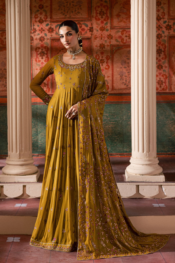  Ochre Elegance 3Pc - Chiffon Wedding Frock BATIKLuxePRET2025  BATIK   S / Mustard / Chiffon & Raw Silk-M / Mustard / Chiffon & Raw Silk-L / Mustard / Chiffon & Raw Silk
