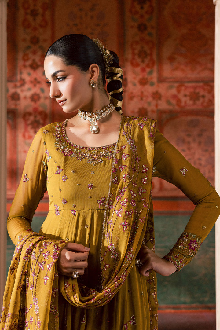  Ochre Elegance 3Pc - Chiffon Wedding Frock BATIKLuxePRET2025  BATIK   S / Mustard / Chiffon & Raw Silk-M / Mustard / Chiffon & Raw Silk-L / Mustard / Chiffon & Raw Silk