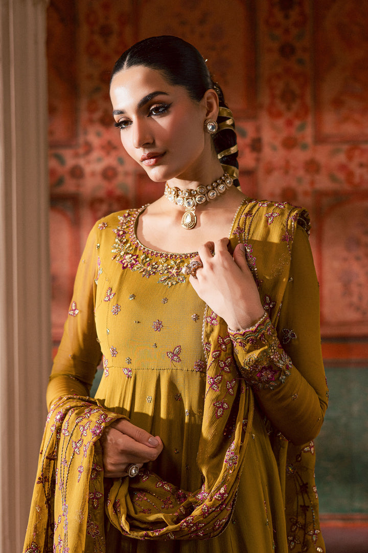 Ochre Elegance 3Pc - Chiffon Wedding Frock BATIKLuxePRET2025  BATIK   S / Mustard / Chiffon & Raw Silk-M / Mustard / Chiffon & Raw Silk-L / Mustard / Chiffon & Raw Silk