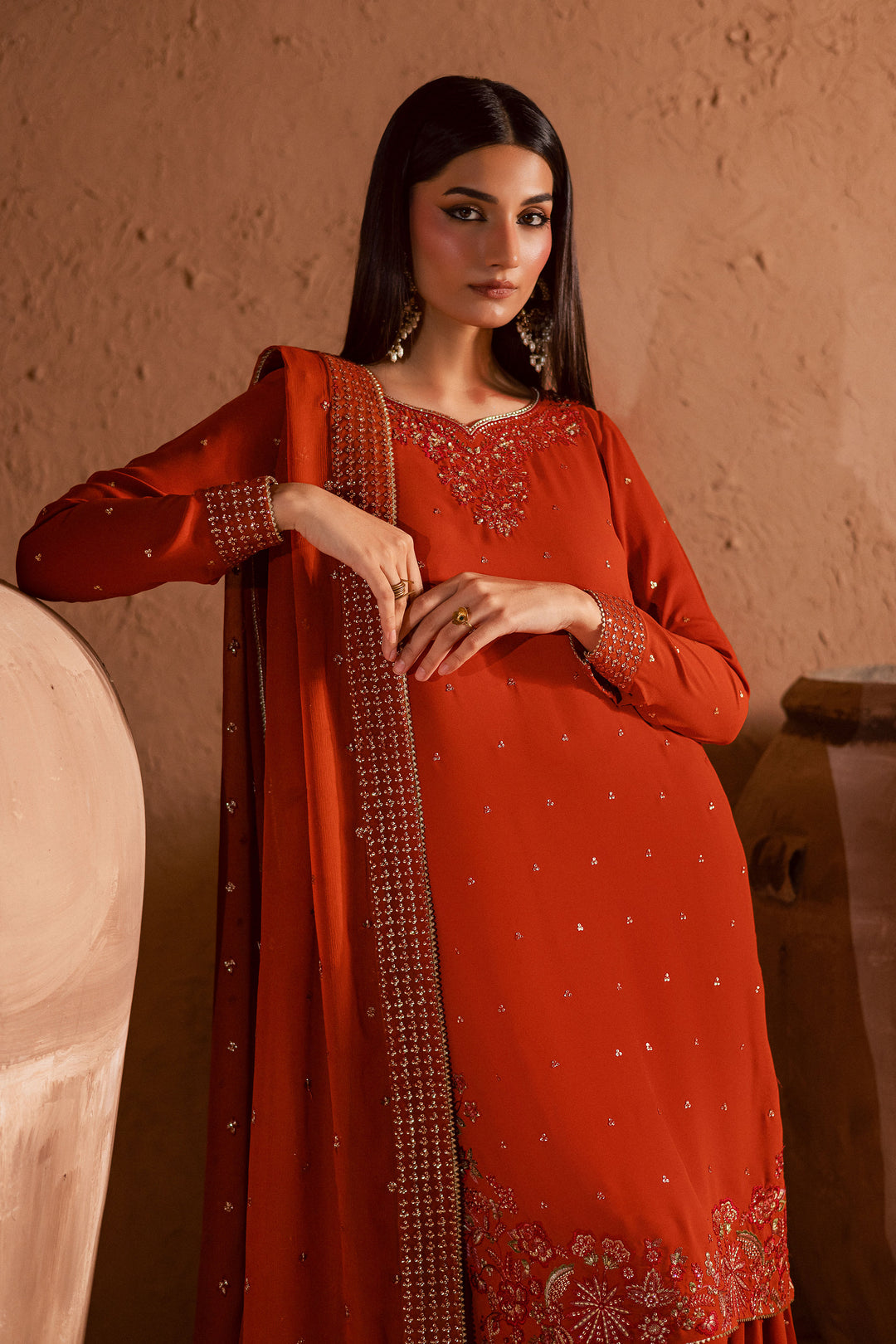  Olive Charm 3Pc- Festive Luxe Pret BATIKSTUDIO2025  BATIK   S / Burnt Orange / Georgette-M / Burnt Orange / Georgette-L / Burnt Orange / Georgette