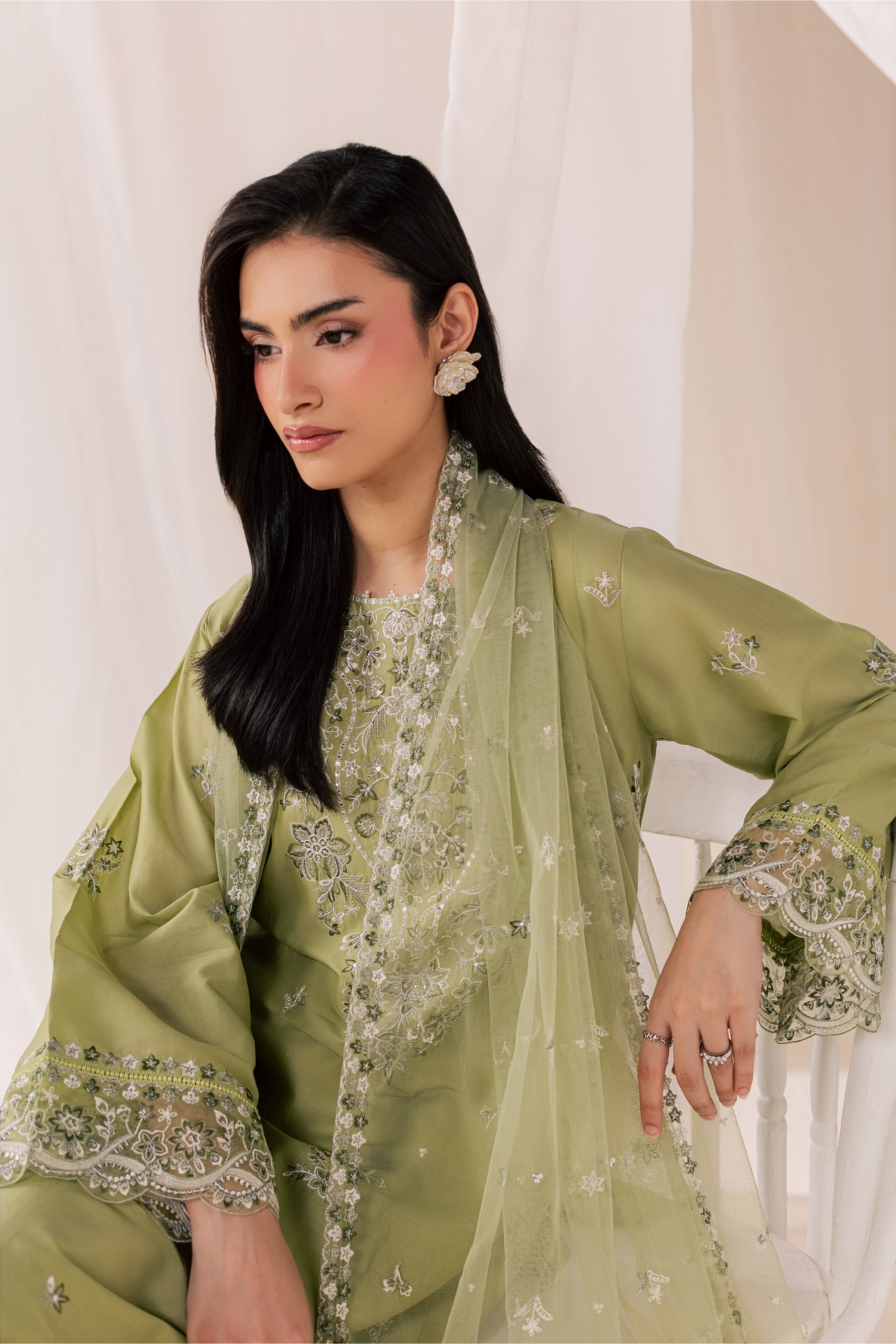 Olive Vasl 3Pc - Luxury Embroidered Lawn BATIKSS26  BATIK   XS / Moderate Olive / Pima Lawn