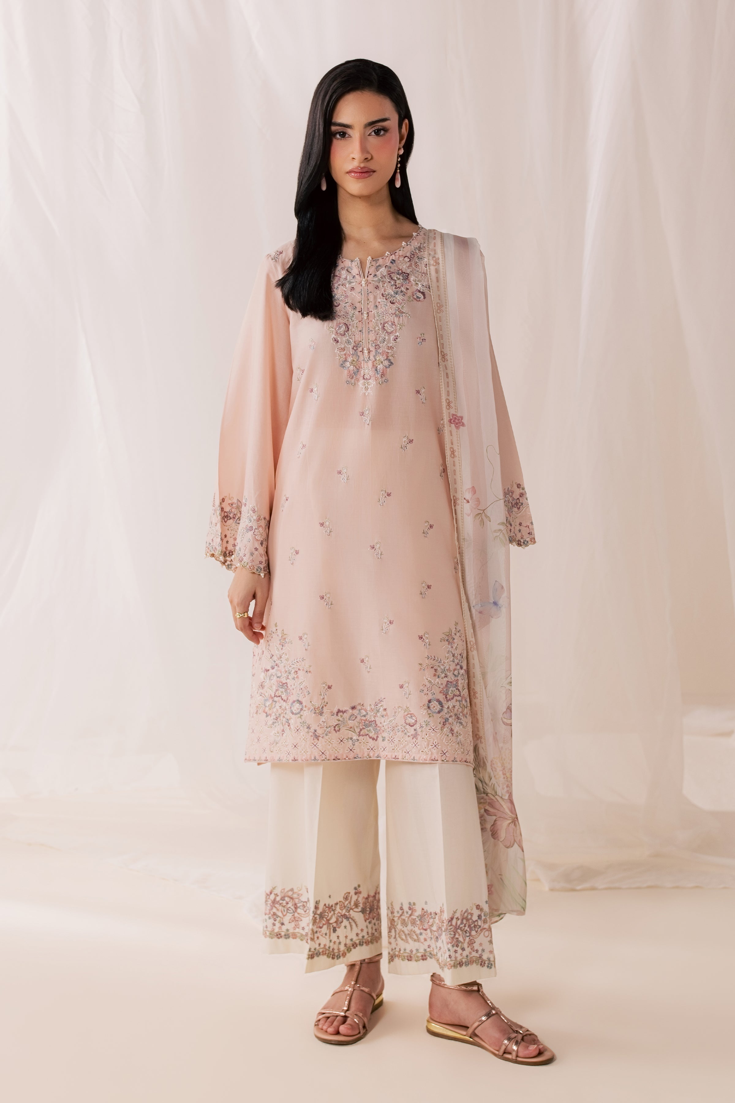Peach Tart 3Pc - Luxury Embroidered Lawn BATIKSS26  BATIK   XS / Powder Peach / Pima Lawn