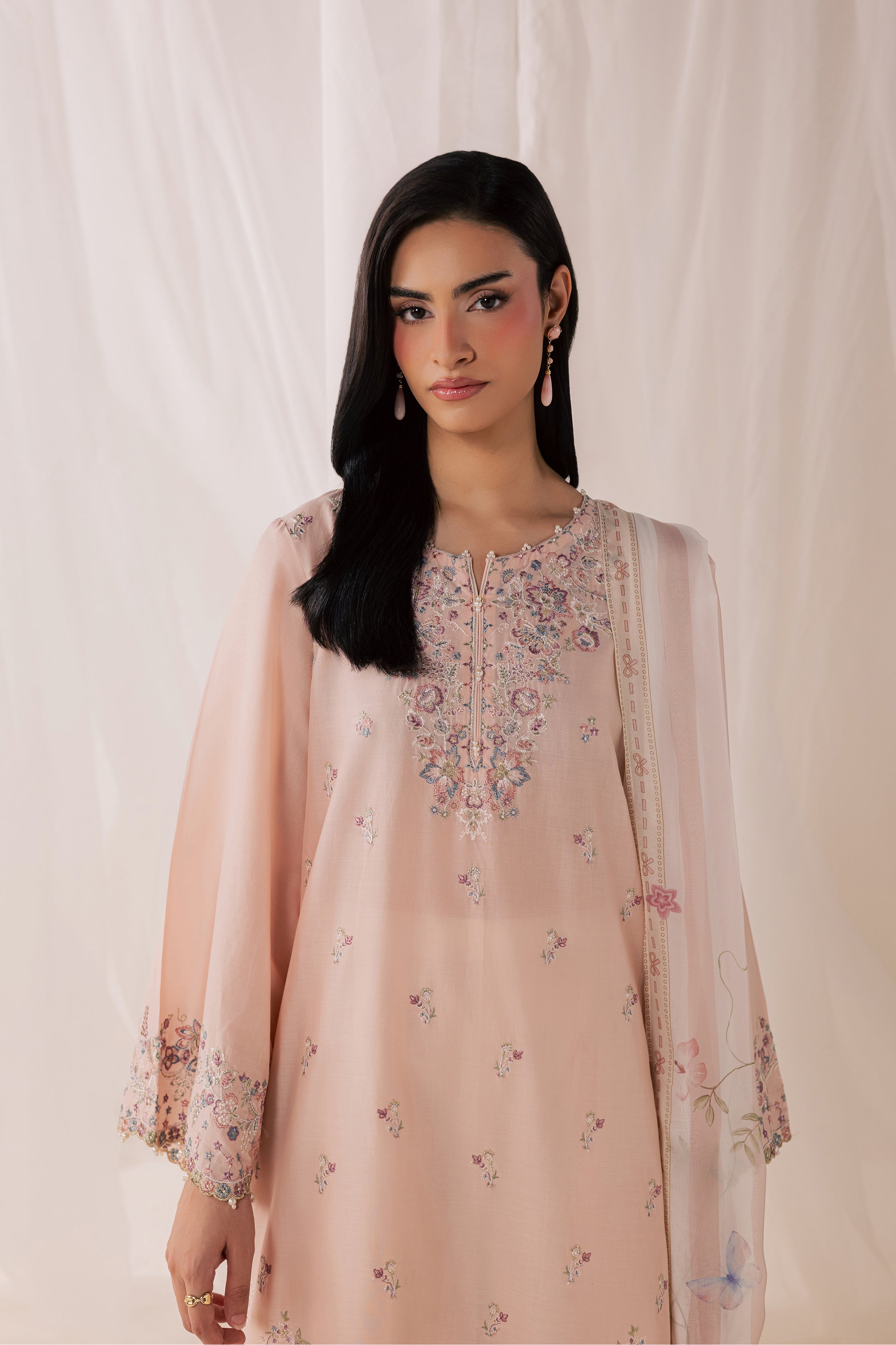 Peach Tart 3Pc - Luxury Embroidered Lawn BATIKSS26  BATIK   XS / Powder Peach / Pima Lawn