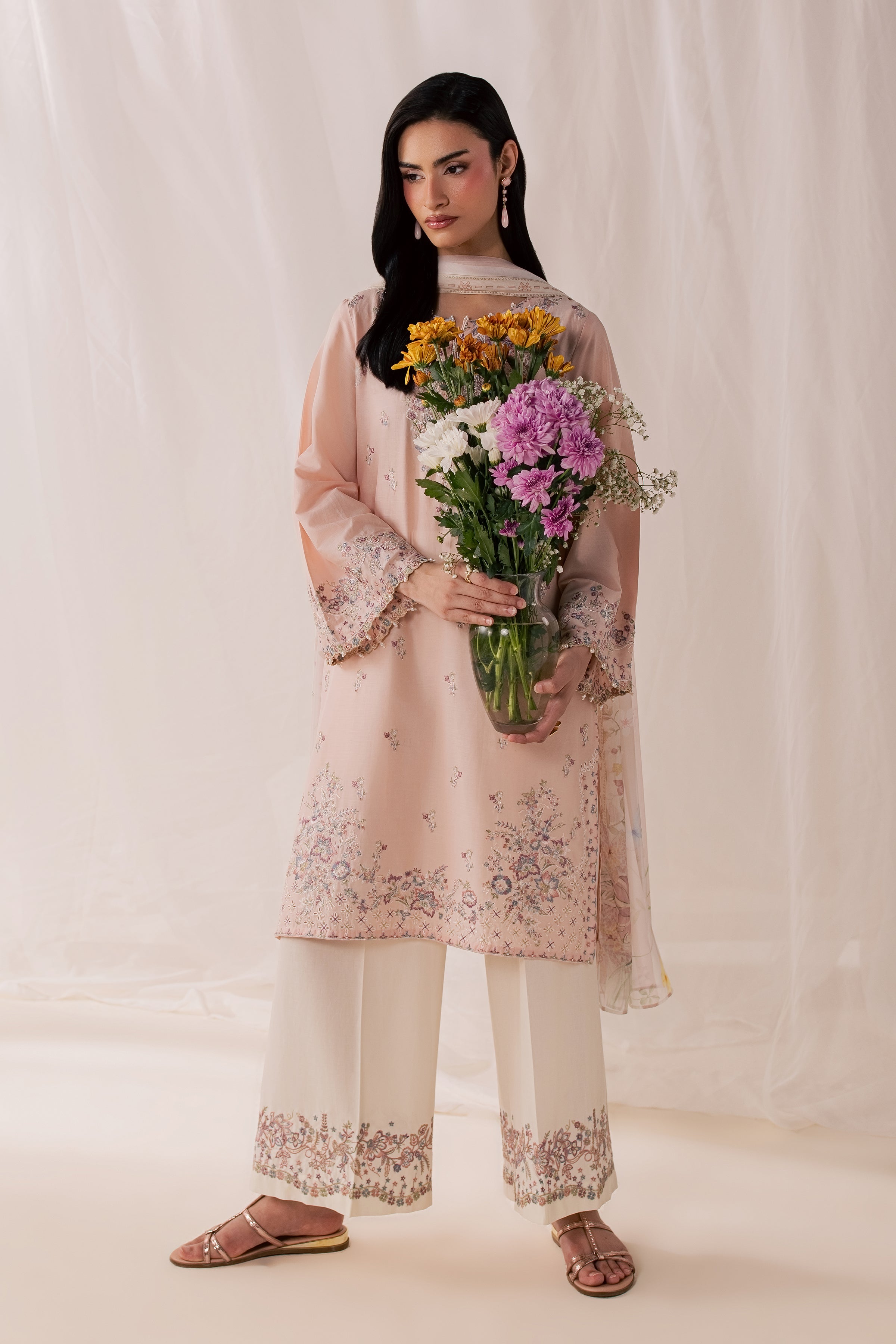 Peach Tart 3Pc - Luxury Embroidered Lawn BATIKSS26  BATIK   XS / Powder Peach / Pima Lawn