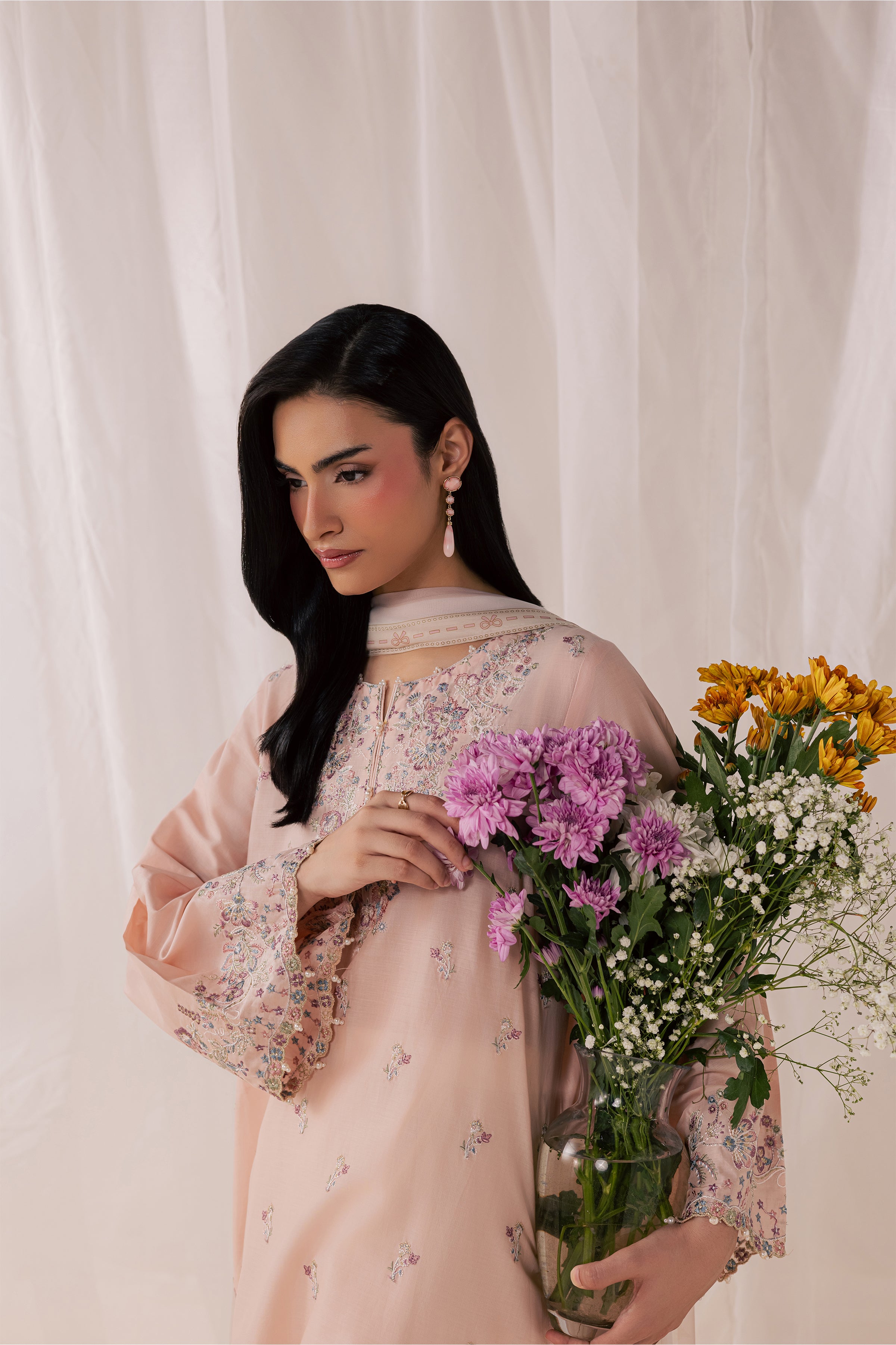 Peach Tart 3Pc - Luxury Embroidered Lawn BATIKSS26  BATIK   XS / Powder Peach / Pima Lawn