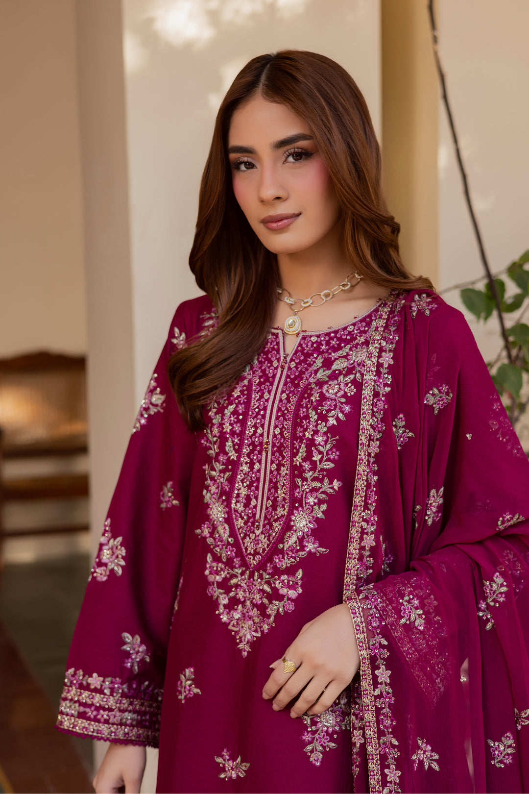  Plum Meeraki 3Pc - Embroidered Khaddar Dress BATIK WINTER PRET 2025  BATIK   XS / Burgundy / Khaddar-S / Burgundy / Khaddar-M / Burgundy / Khaddar-L / Burgundy / Khaddar-XL / Burgundy / Khaddar