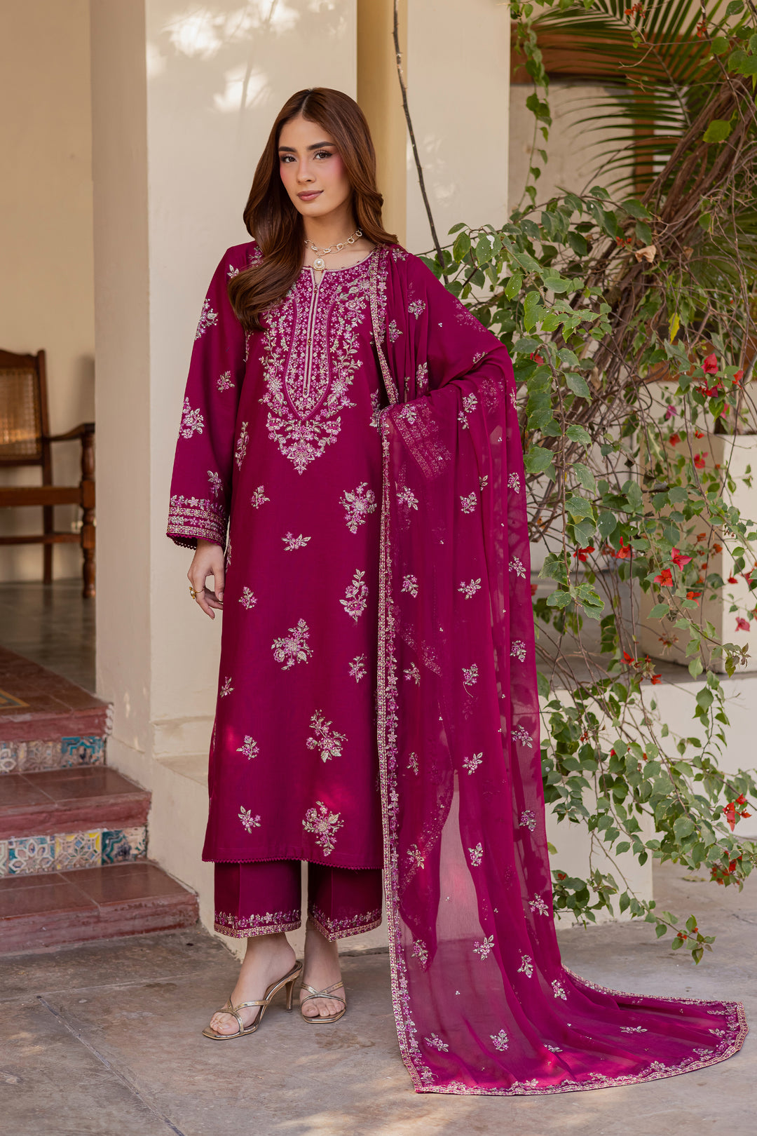  Plum Meeraki 3Pc - Embroidered Khaddar Dress BATIK WINTER PRET 2025  BATIK   XS / Burgundy / Khaddar-S / Burgundy / Khaddar-M / Burgundy / Khaddar-L / Burgundy / Khaddar-XL / Burgundy / Khaddar
