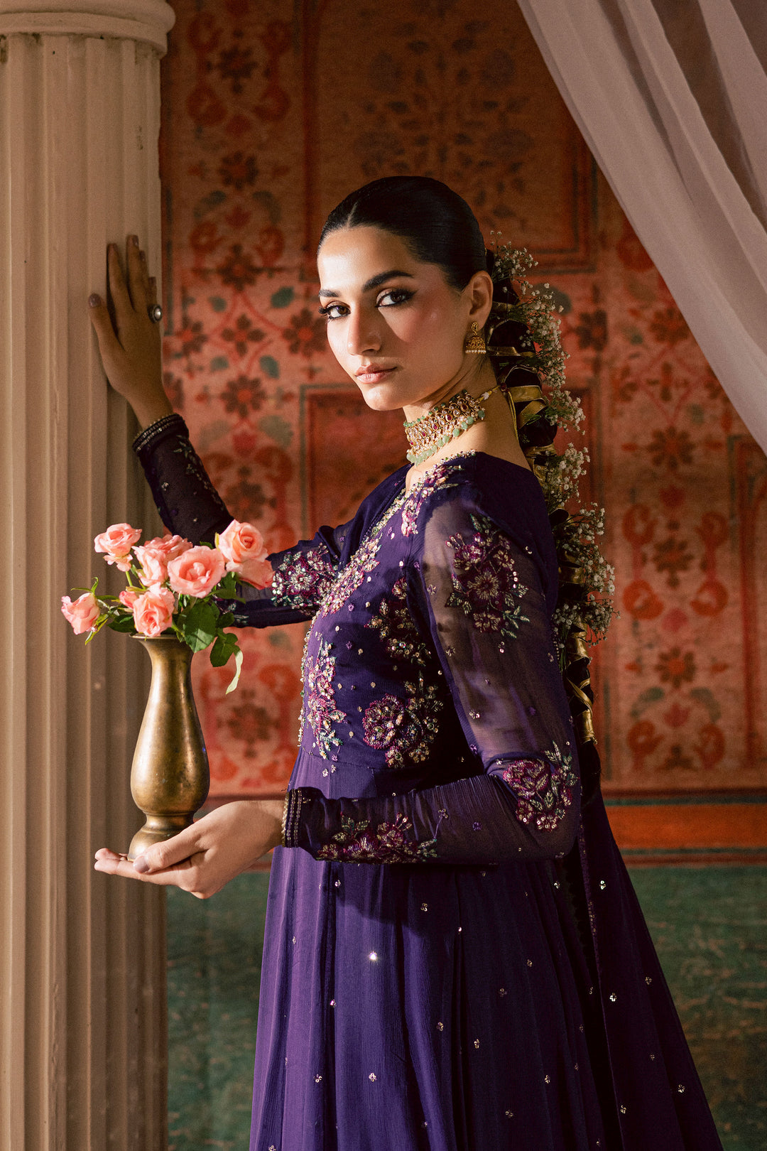  Plum Pearl 3Pc - Chiffon Wedding Frock BATIKLuxePRET2025  BATIK   S / Purple / Chiffon & Raw Silk-M / Purple / Chiffon & Raw Silk-L / Purple / Chiffon & Raw Silk