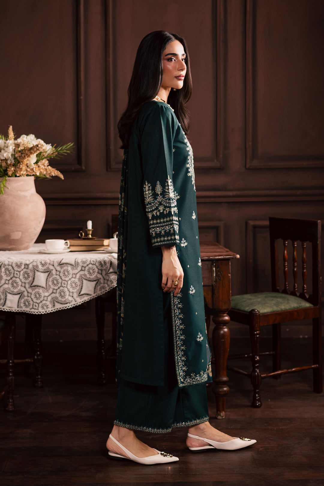  Queen Bee 3Pc - Embroidered Khaddar Dress BATIK WINTER PRET 2025  BATIK   XS / Bottle Green / Khaddar-S / Bottle Green / Khaddar-M / Bottle Green / Khaddar-L / Bottle Green / Khaddar-XL / Bottle Green / Khaddar