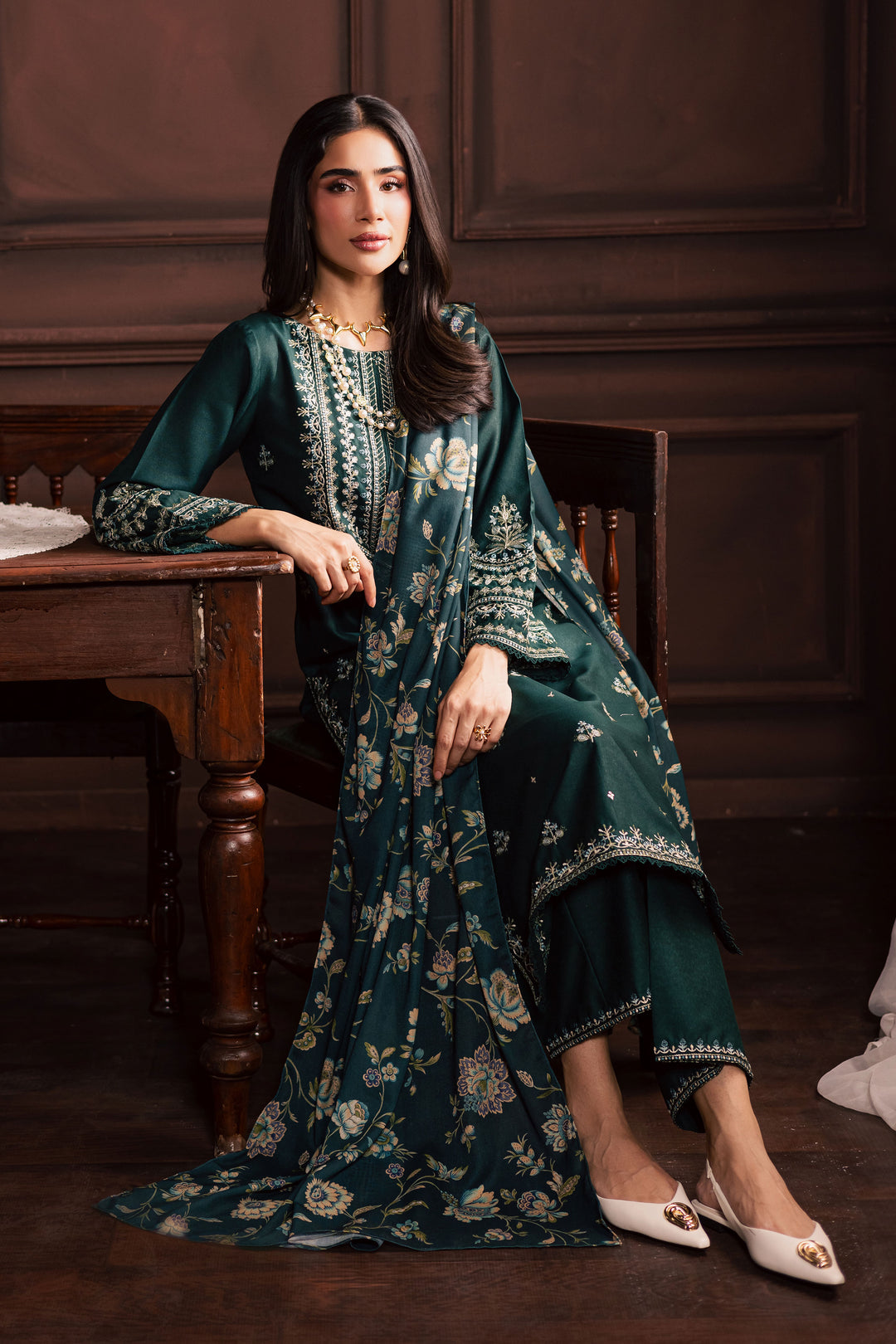  Queen Bee 3Pc - Embroidered Khaddar Dress BATIK WINTER PRET 2025  BATIK   XS / Bottle Green / Khaddar-S / Bottle Green / Khaddar-M / Bottle Green / Khaddar-L / Bottle Green / Khaddar-XL / Bottle Green / Khaddar