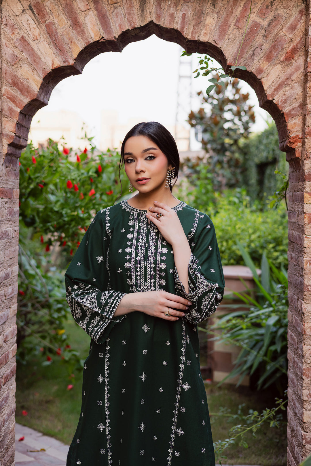 Rusty Green 2Pc - Embroidered Khaddar Dress