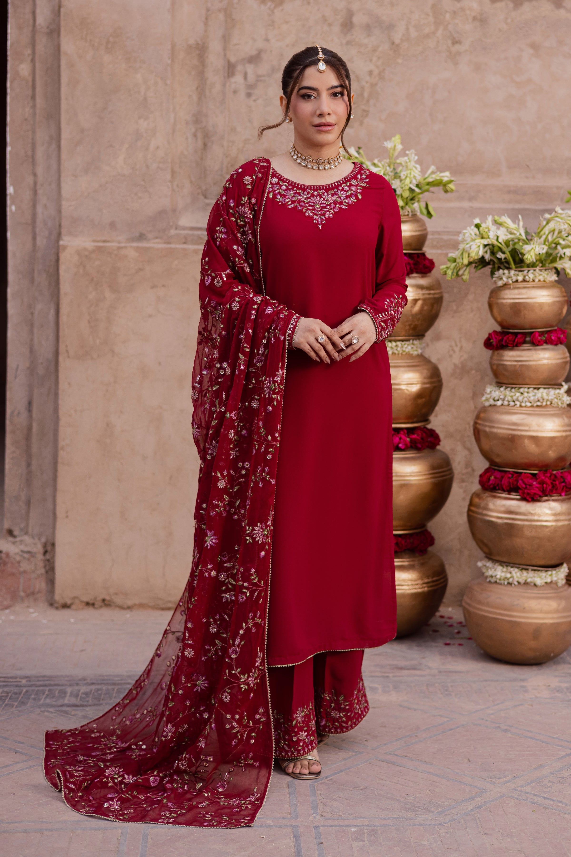 Red Adina 3Pc - Festive Luxe Pret BATIKSTUDIO2025  BATIK   S / Deep Red / Georgette-M / Deep Red / Georgette-L / Deep Red / Georgette