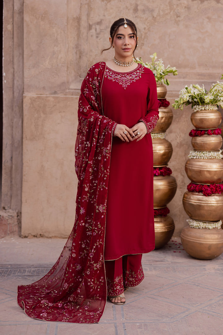  Red Adina 3Pc - Festive Luxe Pret BATIKSTUDIO2025  BATIK   S / Deep Red / Georgette-M / Deep Red / Georgette-L / Deep Red / Georgette