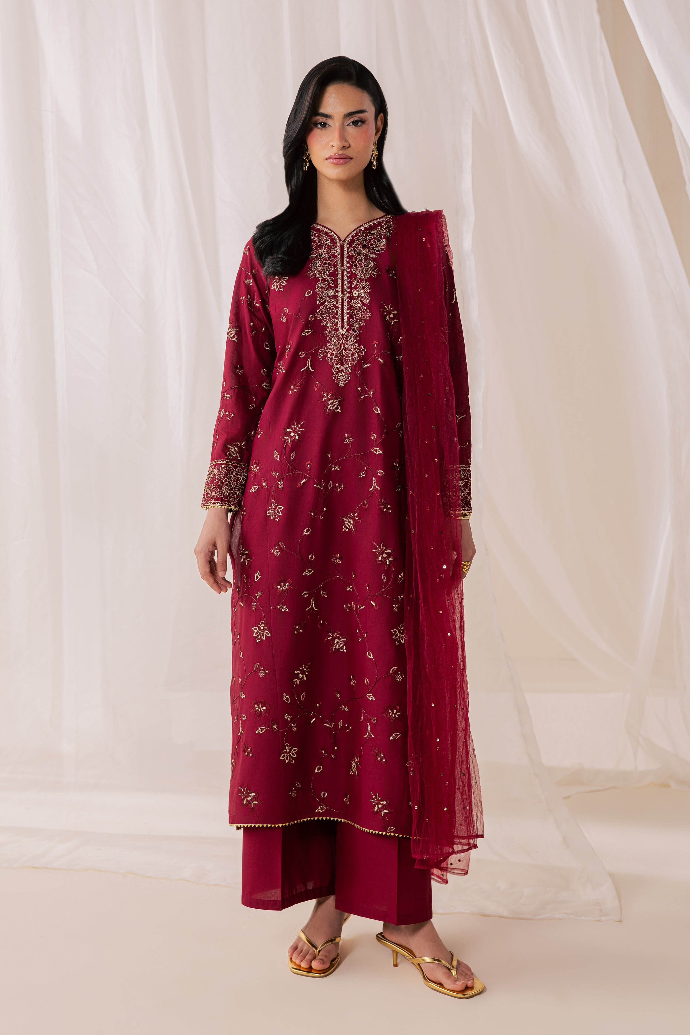 Red Asmara 3Pc - Luxury Embroidered Lawn BATIKSS26  BATIK   XS / Merlot / Pima Lawn