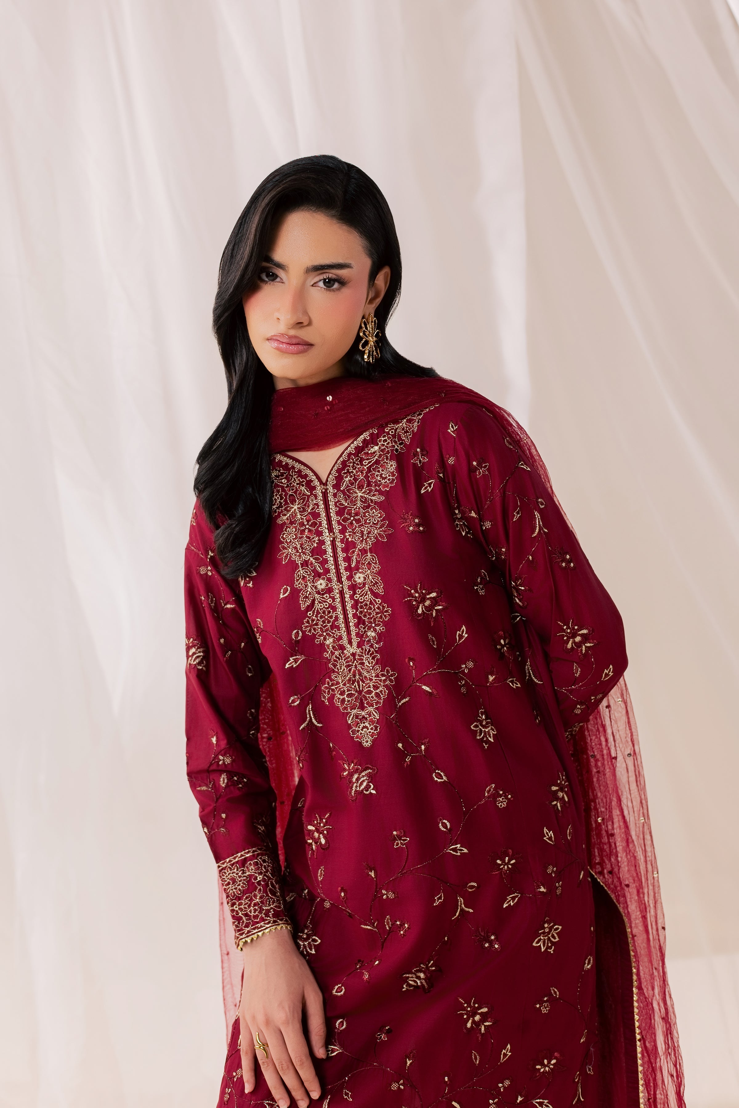 Red Asmara 3Pc - Luxury Embroidered Lawn BATIKSS26  BATIK   XS / Merlot / Pima Lawn