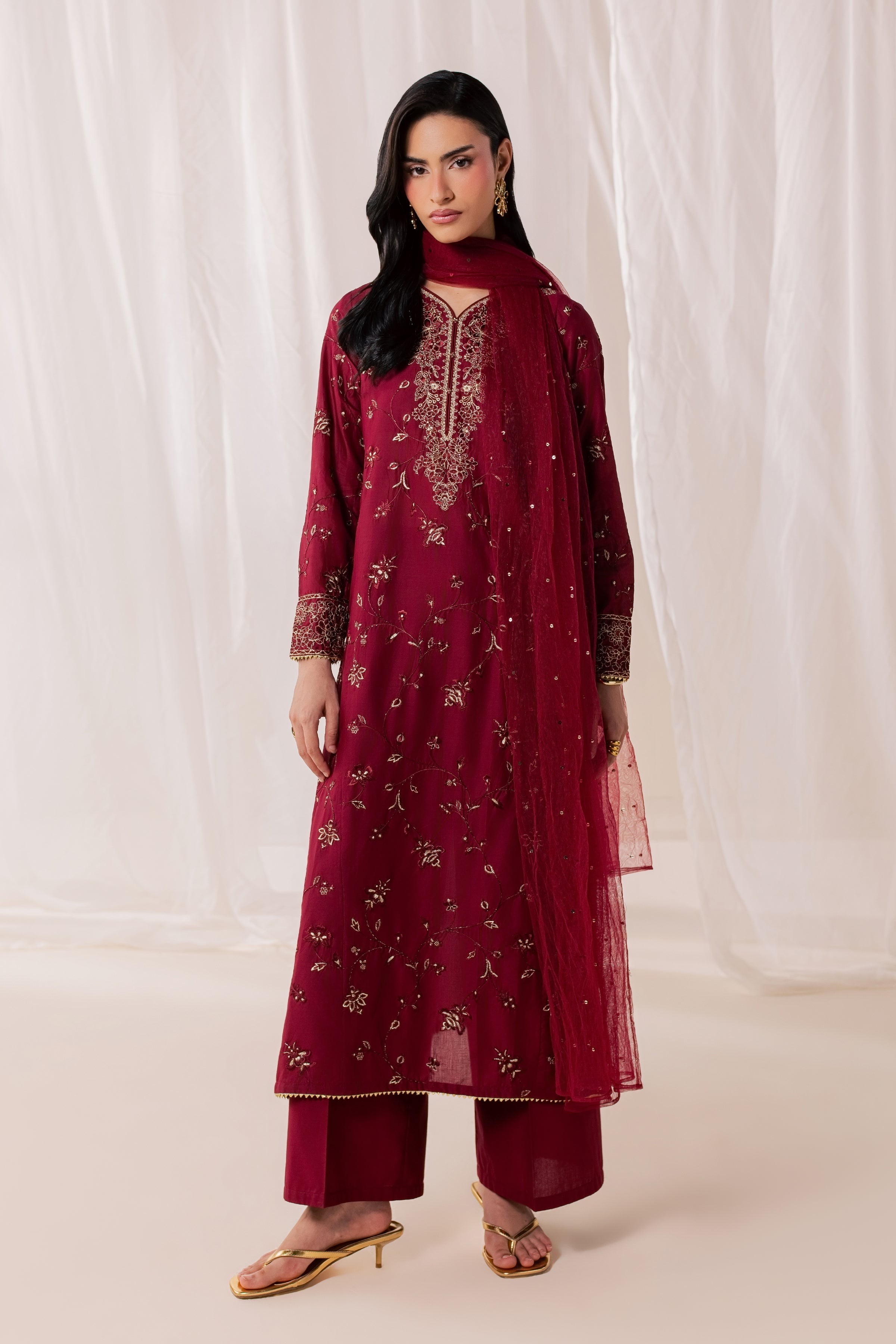 Red Asmara 3Pc - Luxury Embroidered Lawn BATIKSS26  BATIK   XS / Merlot / Pima Lawn
