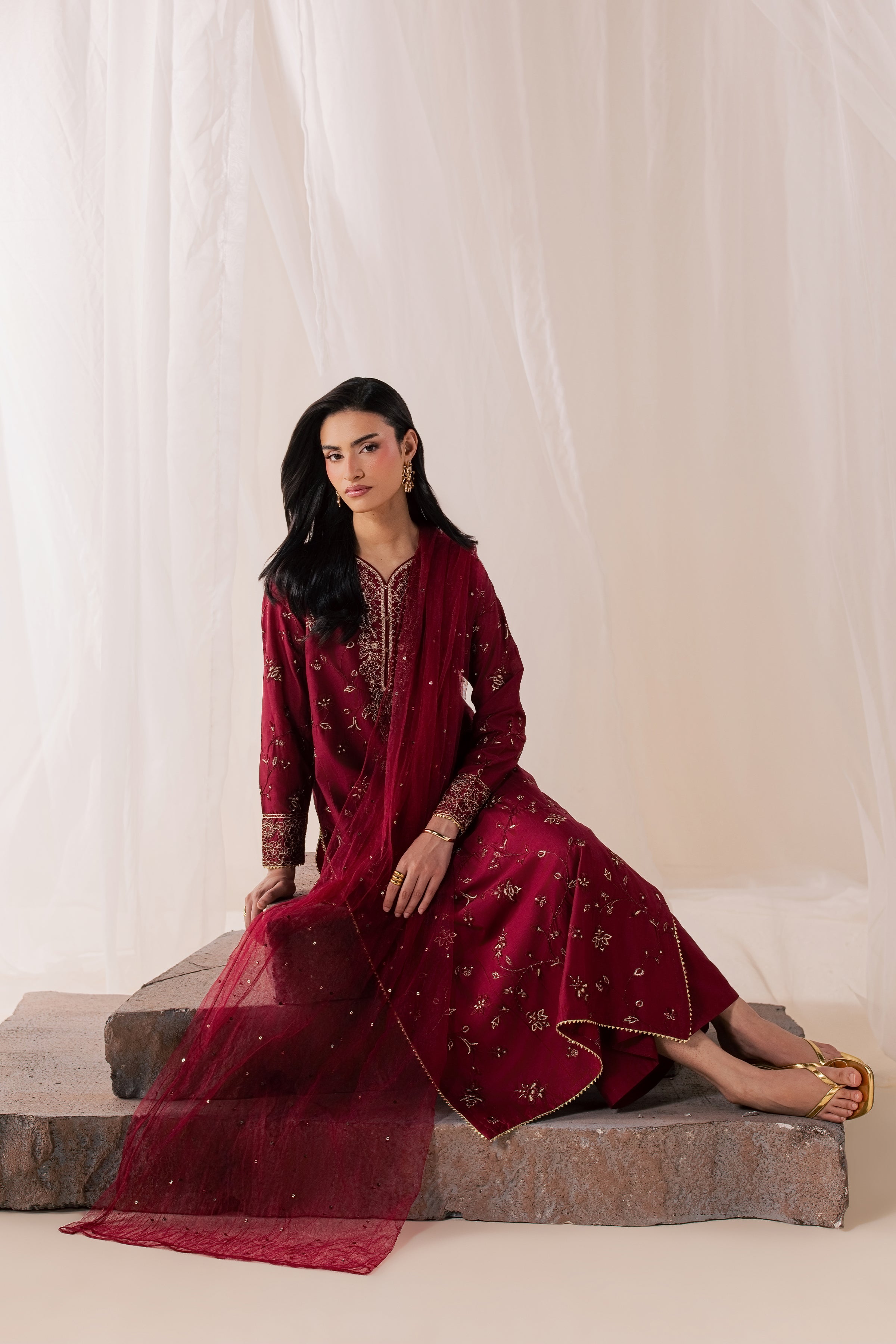 Red Asmara 3Pc - Luxury Embroidered Lawn BATIKSS26  BATIK   XS / Merlot / Pima Lawn