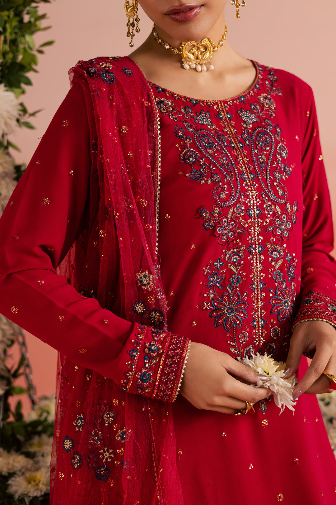  Red Sona 3Pc - Festive Luxe Pret BATIKEID2026  BATIK   S / Red / Georgette-M / Red / Georgette-L / Red / Georgette
