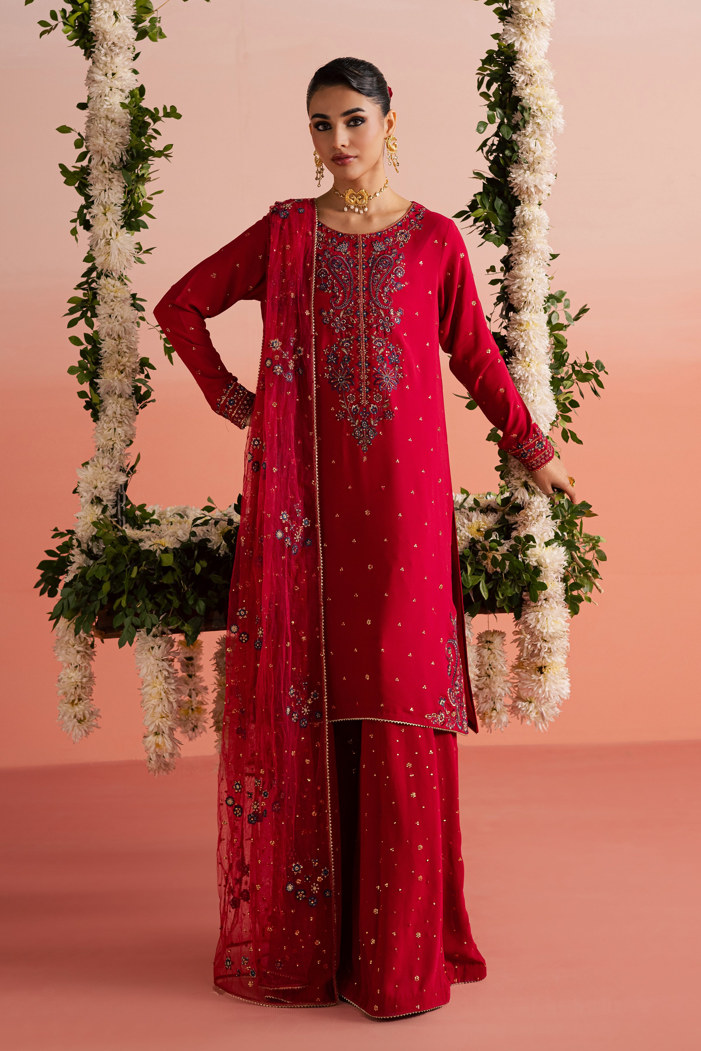 Red Sona 3Pc - Festive Luxe Pret BATIKEID2026  BATIK   S / Red / Georgette-M / Red / Georgette-L / Red / Georgette