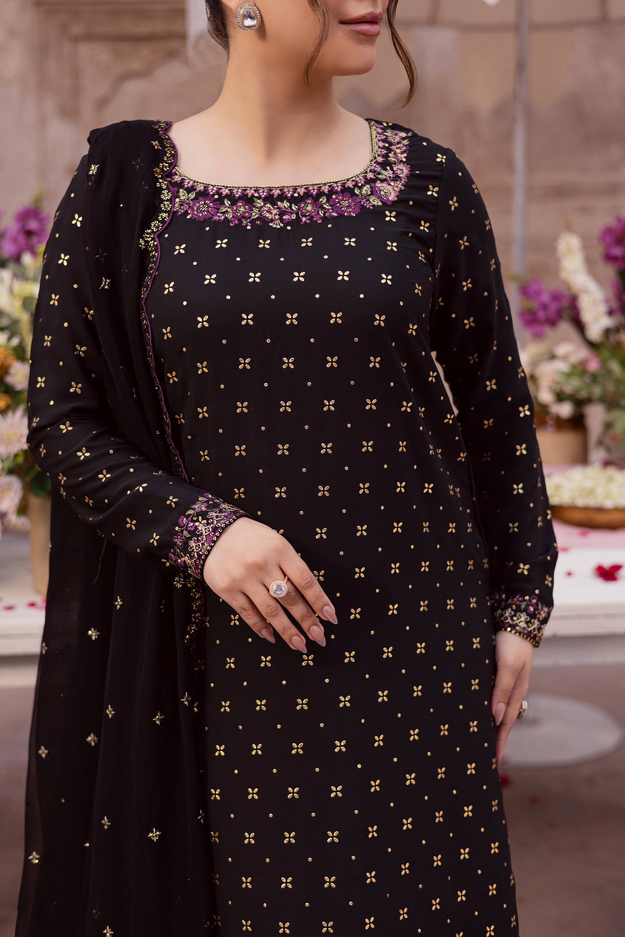  Rivka 3Pc - Festive Luxe Pret BATIKSTUDIO2025  BATIK   S / Black / Foiled Georgette-M / Black / Foiled Georgette-L / Black / Foiled Georgette
