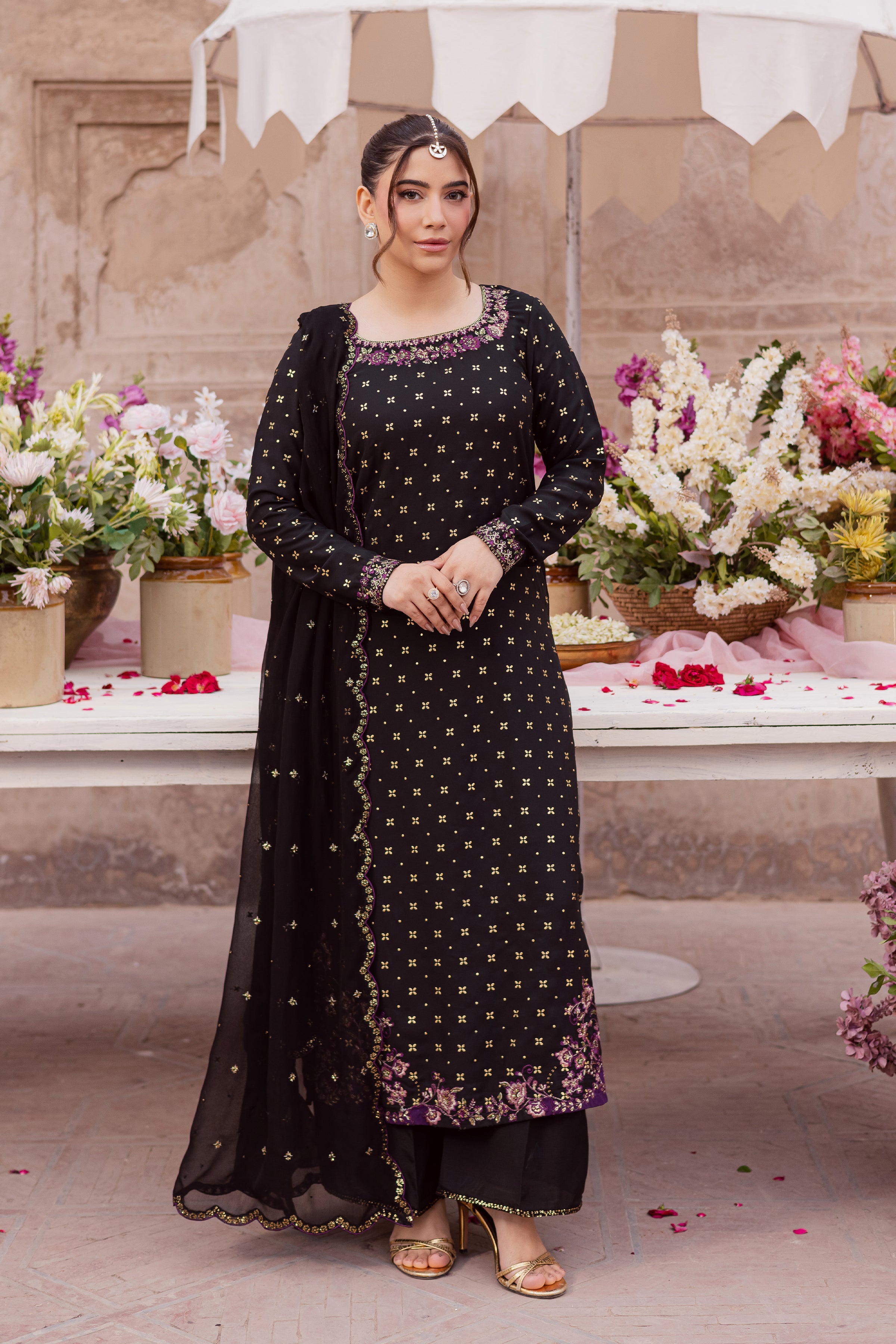  Rivka 3Pc - Festive Luxe Pret BATIKSTUDIO2025  BATIK   S / Black / Foiled Georgette-M / Black / Foiled Georgette-L / Black / Foiled Georgette