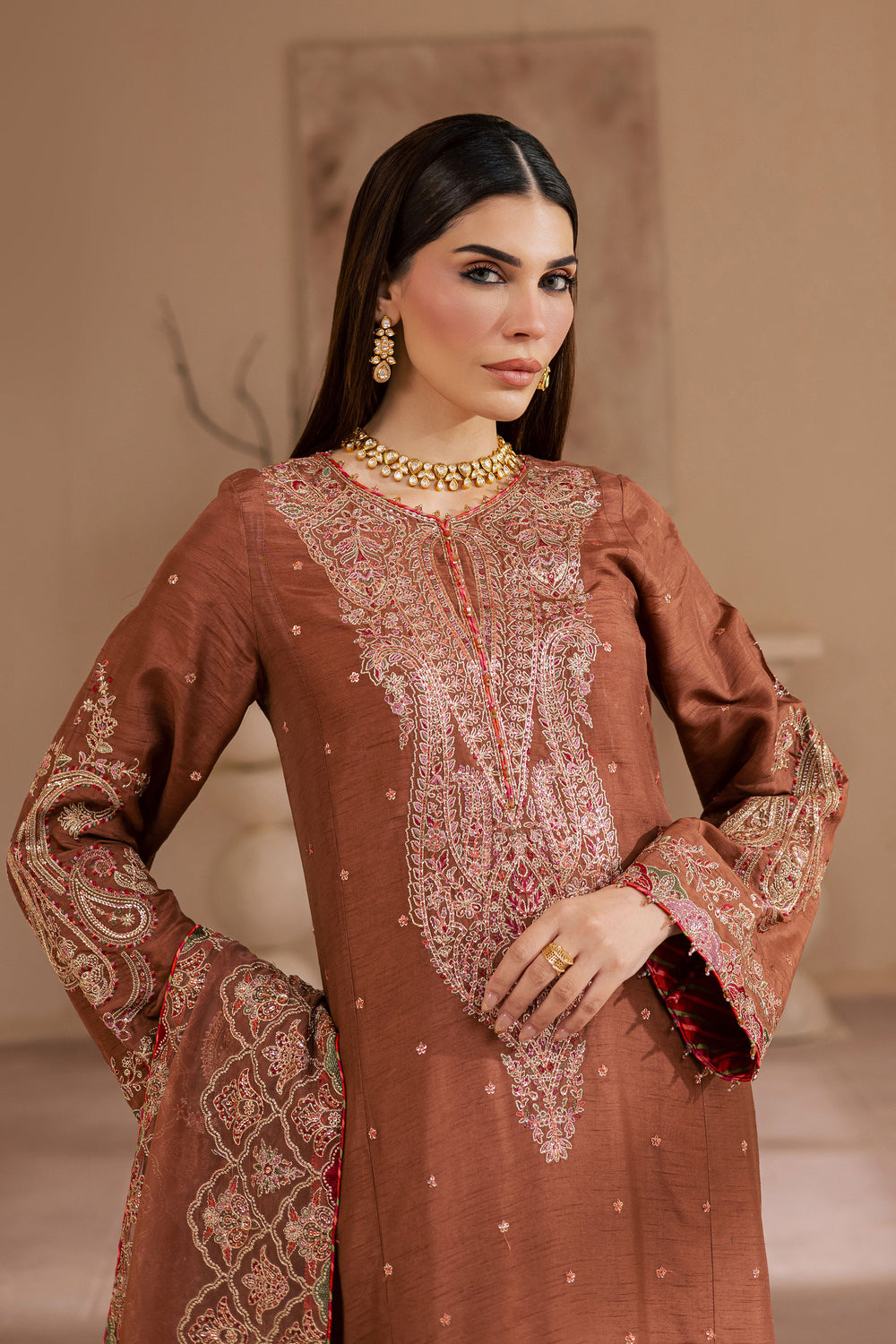  Rohine 3Pc - Embroidered Luxe Pret BATIKLuxePRET2025  BATIK   XS / Coffee Brown / Organza & Raw Silk-S / Coffee Brown / Organza & Raw Silk-M / Coffee Brown / Organza & Raw Silk-L / Coffee Brown / Organza & Raw Silk-XL / Coffee Brown / Organza & Raw Silk