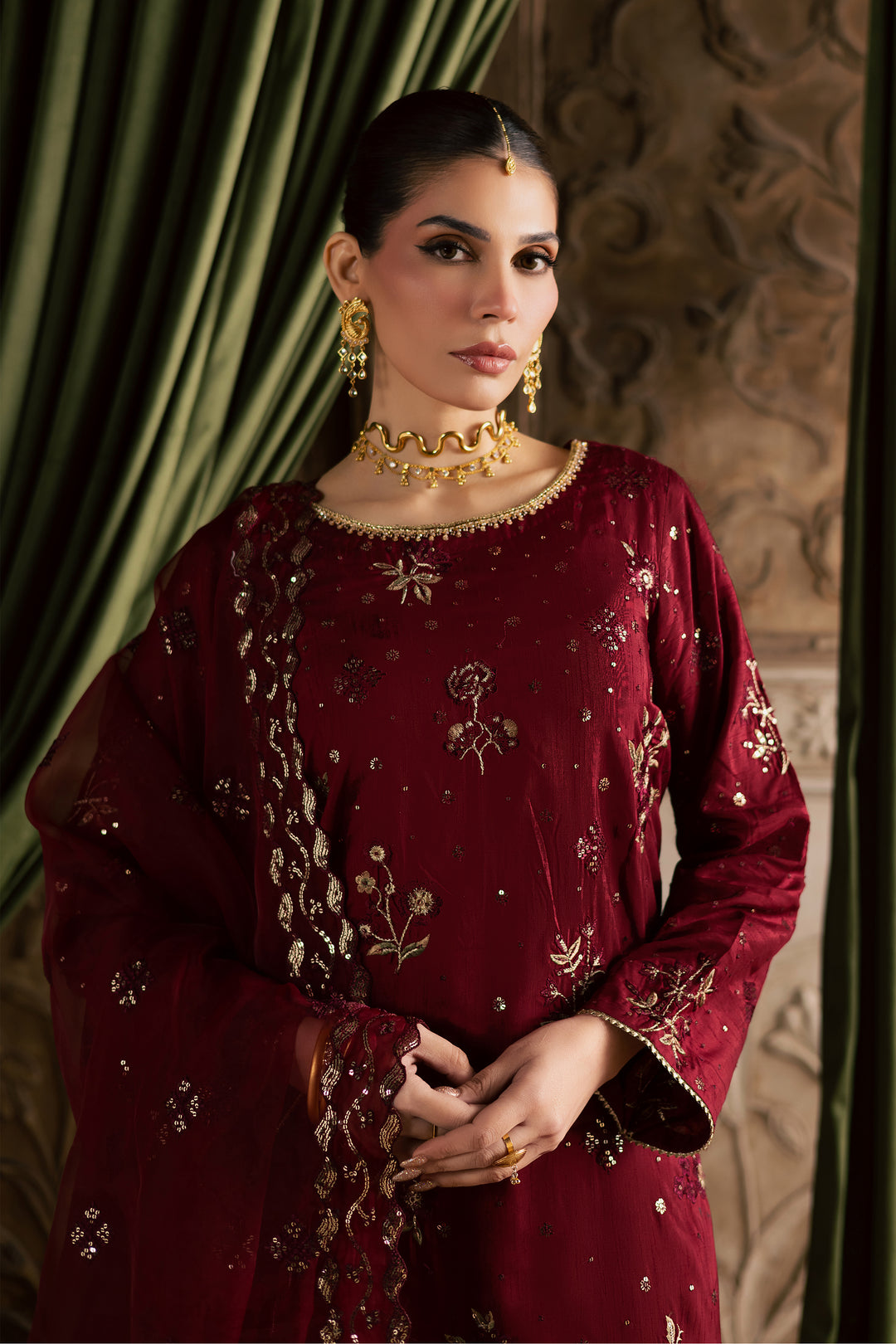  Ruby Amber 3Pc - Festive Luxe Pret BATIKSTUDIO2025  BATIK   S / Maroon / Raw Silk-M / Maroon / Raw Silk-L / Maroon / Raw Silk