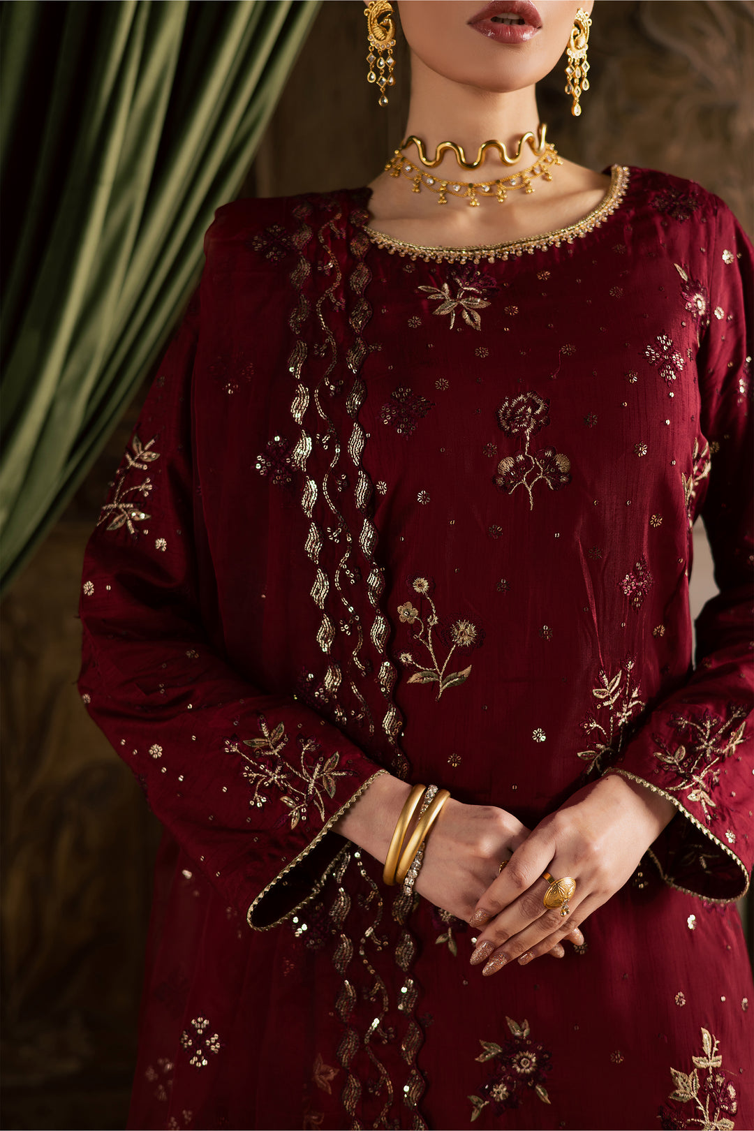  Ruby Amber 3Pc - Festive Luxe Pret BATIKSTUDIO2025  BATIK   S / Maroon / Raw Silk-M / Maroon / Raw Silk-L / Maroon / Raw Silk