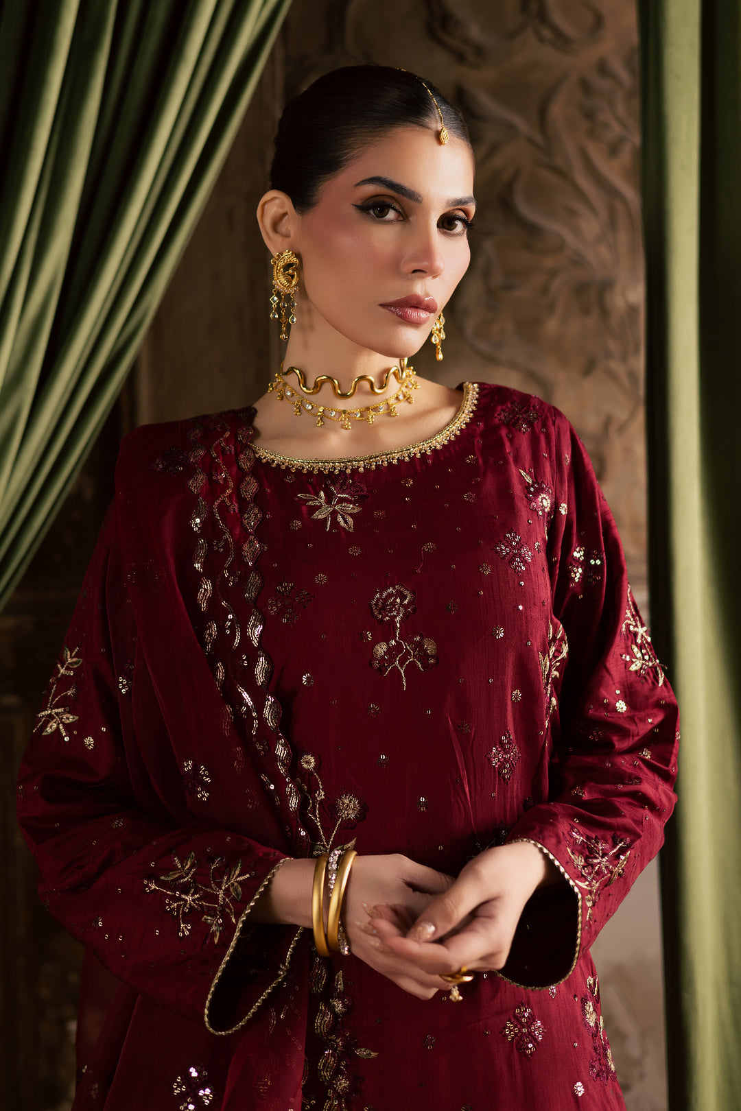  Ruby Amber 3Pc - Festive Luxe Pret BATIKSTUDIO2025  BATIK   S / Maroon / Raw Silk-M / Maroon / Raw Silk-L / Maroon / Raw Silk
