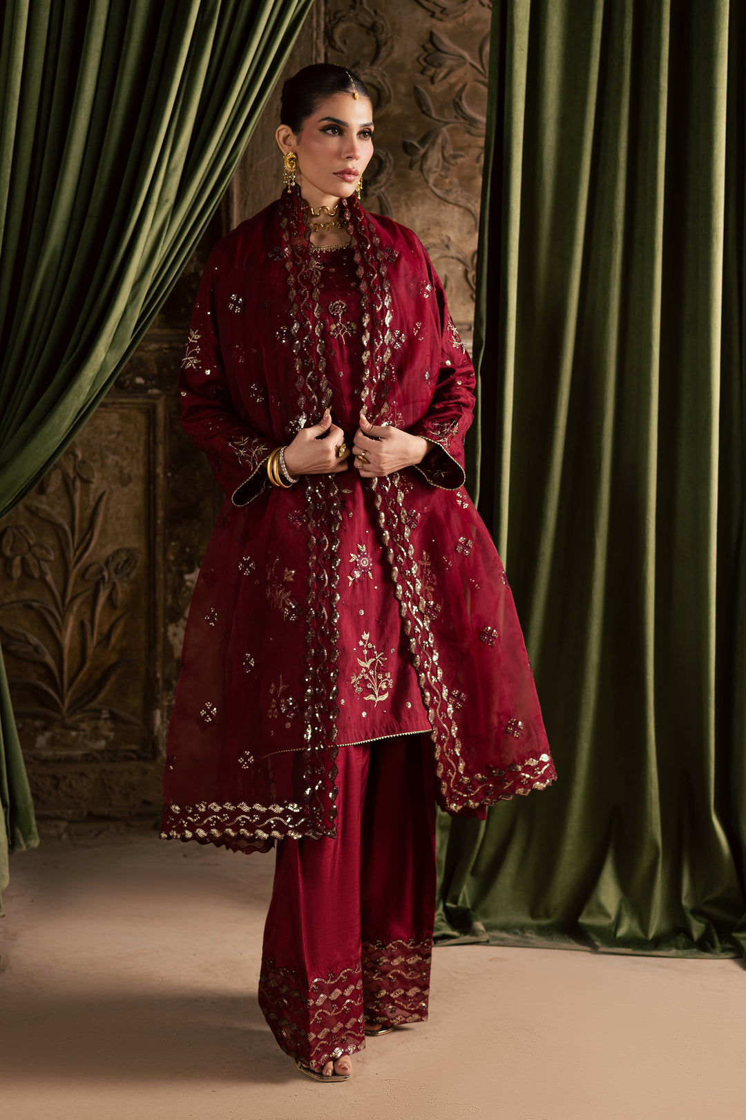  Ruby Amber 3Pc - Festive Luxe Pret BATIKSTUDIO2025  BATIK   S / Maroon / Raw Silk-M / Maroon / Raw Silk-L / Maroon / Raw Silk