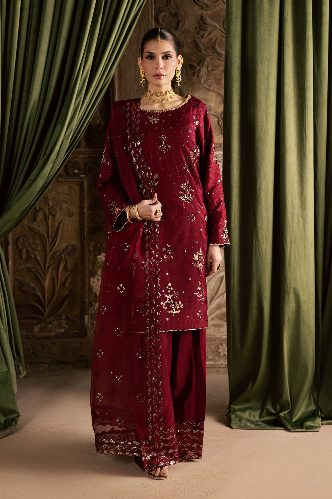  Ruby Amber 3Pc - Festive Luxe Pret BATIKSTUDIO2025  BATIK   S / Maroon / Raw Silk-M / Maroon / Raw Silk-L / Maroon / Raw Silk