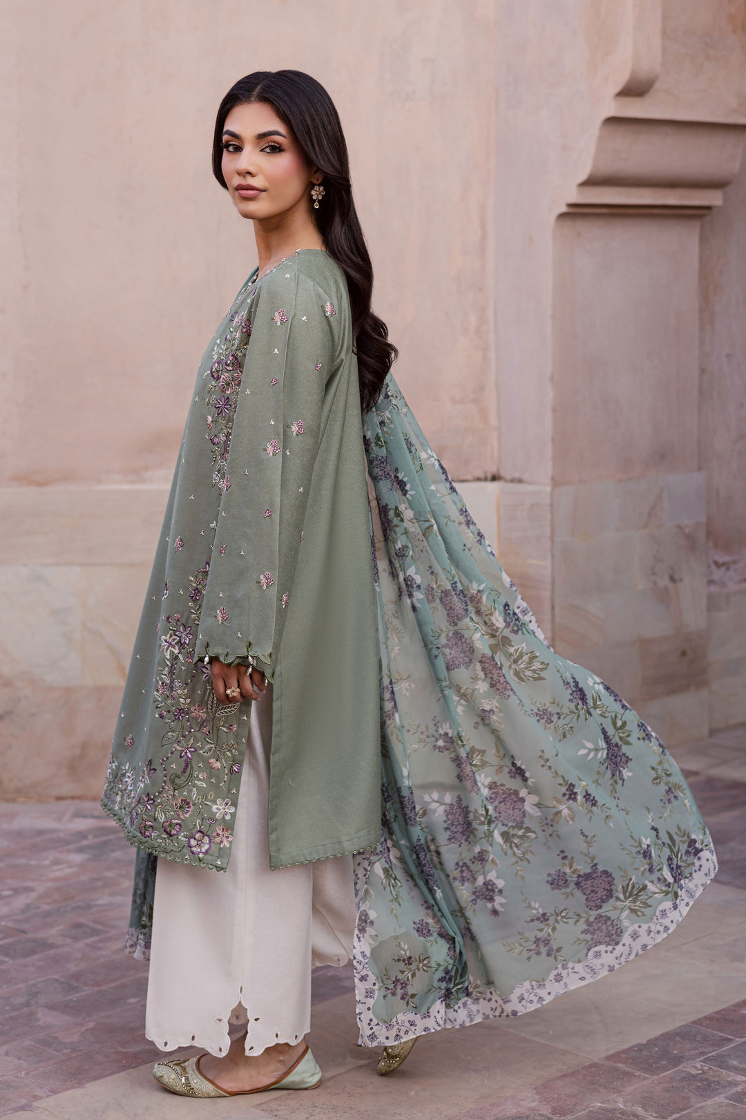  Sage Flower 3Pc - Embroidered Karandi Dress BATIK WINTER PRET 2025  BATIK   XS / Sage Green / Karandi-S / Sage Green / Karandi-M / Sage Green / Karandi-L / Sage Green / Karandi-XL / Sage Green / Karandi