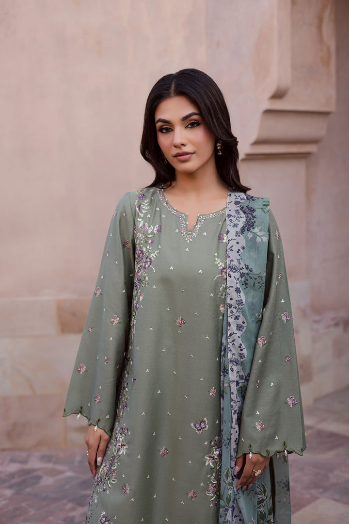  Sage Flower 3Pc - Embroidered Karandi Dress BATIK WINTER PRET 2025  BATIK   XS / Sage Green / Karandi-S / Sage Green / Karandi-M / Sage Green / Karandi-L / Sage Green / Karandi-XL / Sage Green / Karandi
