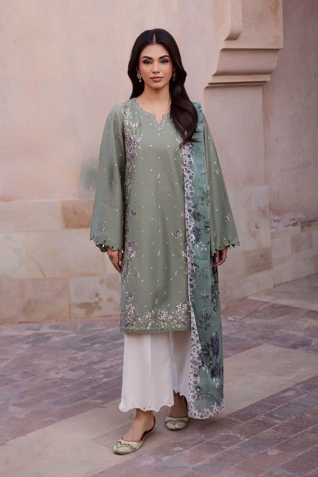  Sage Flower 3Pc - Embroidered Karandi Dress BATIK WINTER PRET 2025  BATIK   XS / Sage Green / Karandi-S / Sage Green / Karandi-M / Sage Green / Karandi-L / Sage Green / Karandi-XL / Sage Green / Karandi