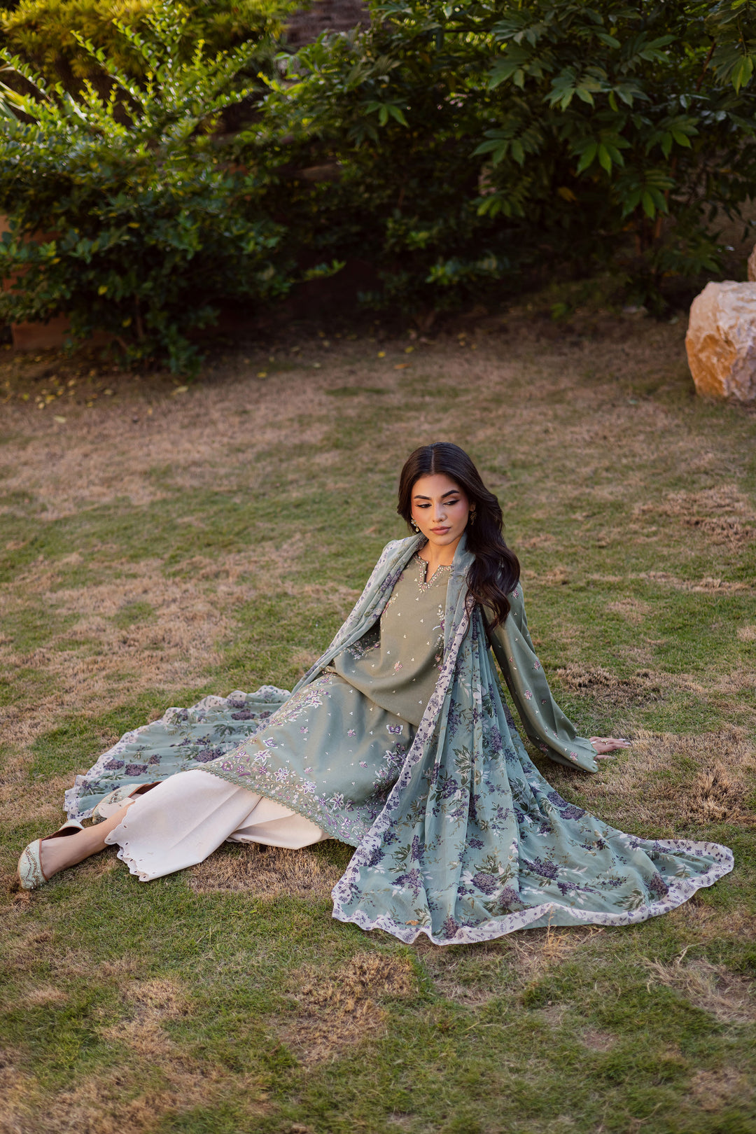  Sage Flower 3Pc - Embroidered Karandi Dress BATIK WINTER PRET 2025  BATIK   XS / Sage Green / Karandi-S / Sage Green / Karandi-M / Sage Green / Karandi-L / Sage Green / Karandi-XL / Sage Green / Karandi